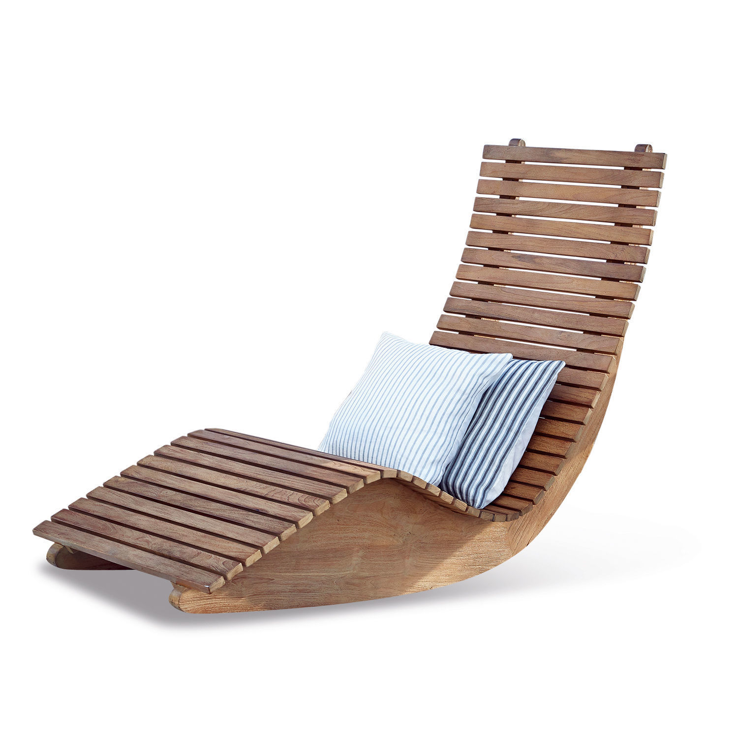 Lounger Wenham Liegestuhl aus Teakholz in Natur mit zwei gestreiften Kissen, bequemer Gartenstuhl