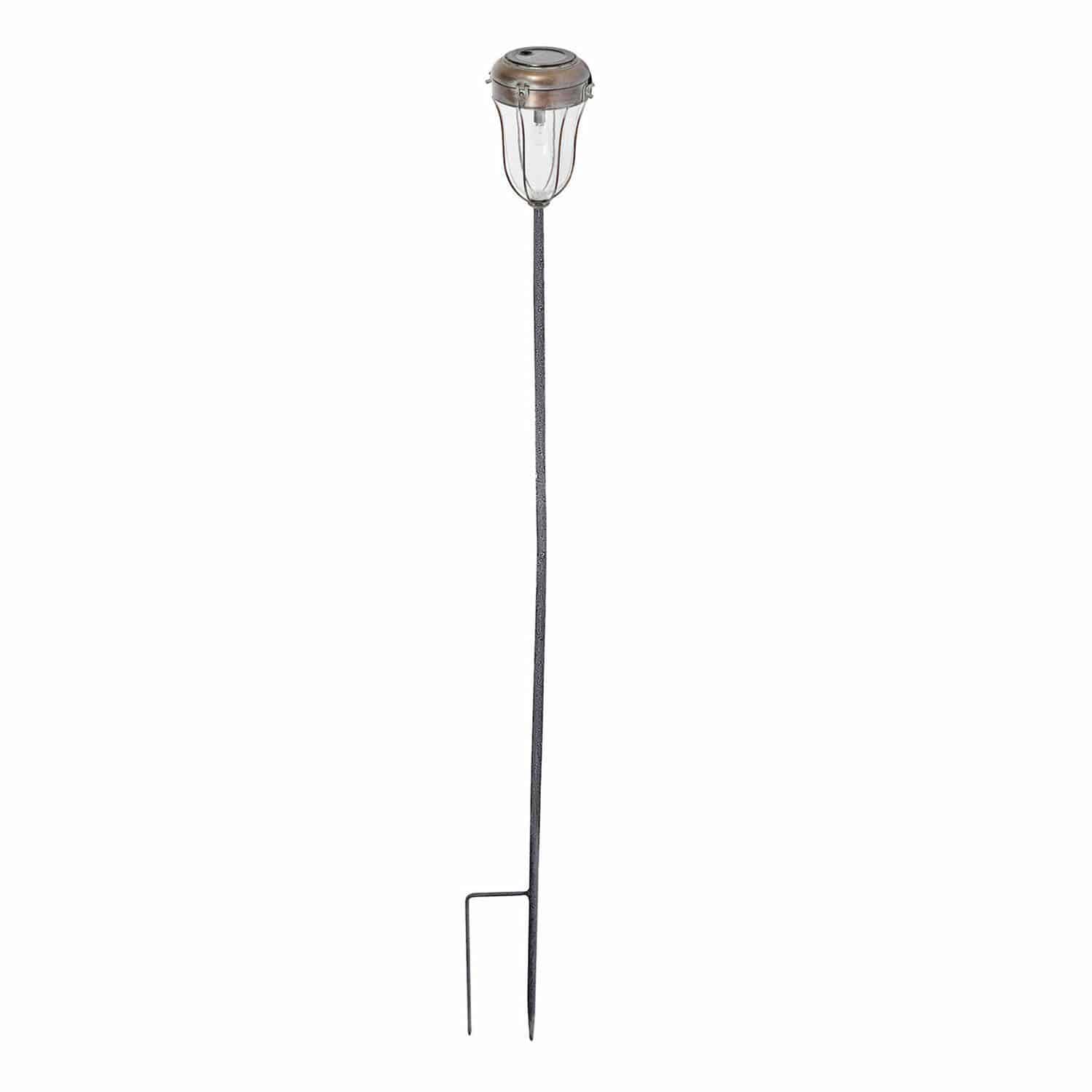 Solar-Laterne Wynyard Metall-Gartenleuchte mit langem schwarzem Stab, klarem Glas und kupferfarbenem Deckel