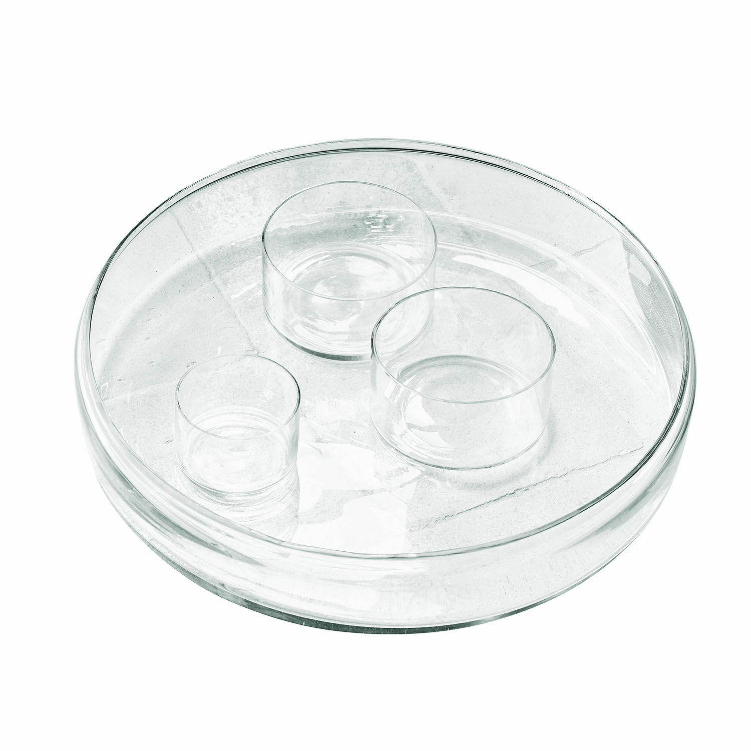 Transparente Glasschale mit drei kleinen Glaseinsätzen zum Dekorieren und Servieren