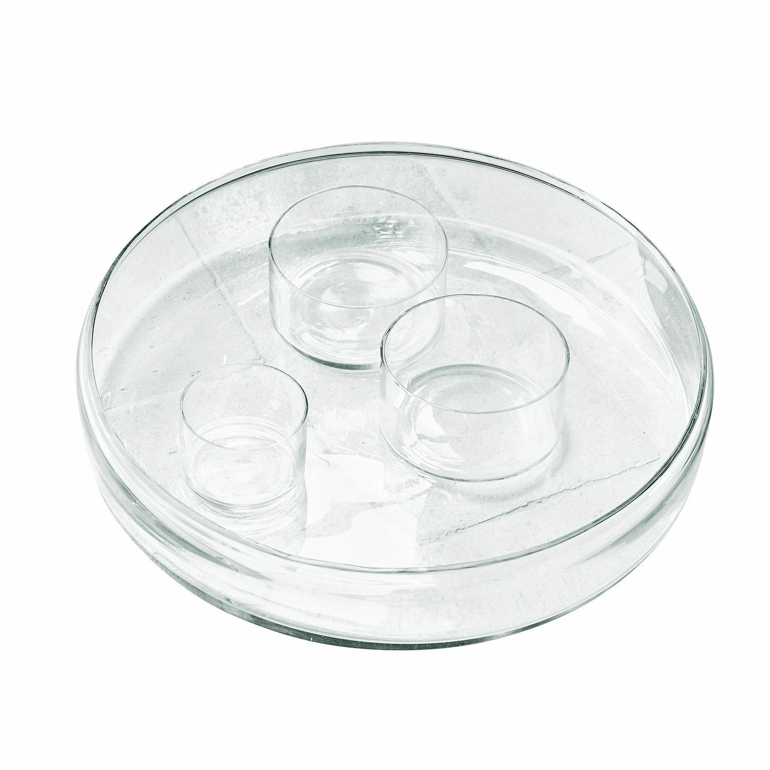 Kerzenteller Marton Transparente Glasschale mit drei kleinen Glaseinsätzen zum Dekorieren und Servieren
