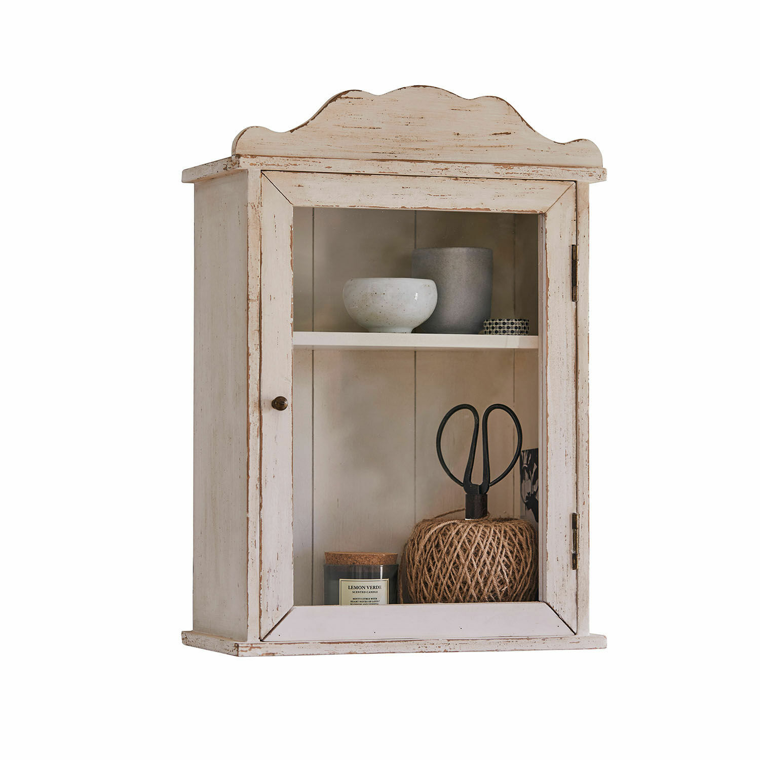Wandschrank Sandrine Rustikaler weisser Holz-Wandschrank mit Glastür und Innenregal zur Dekoration