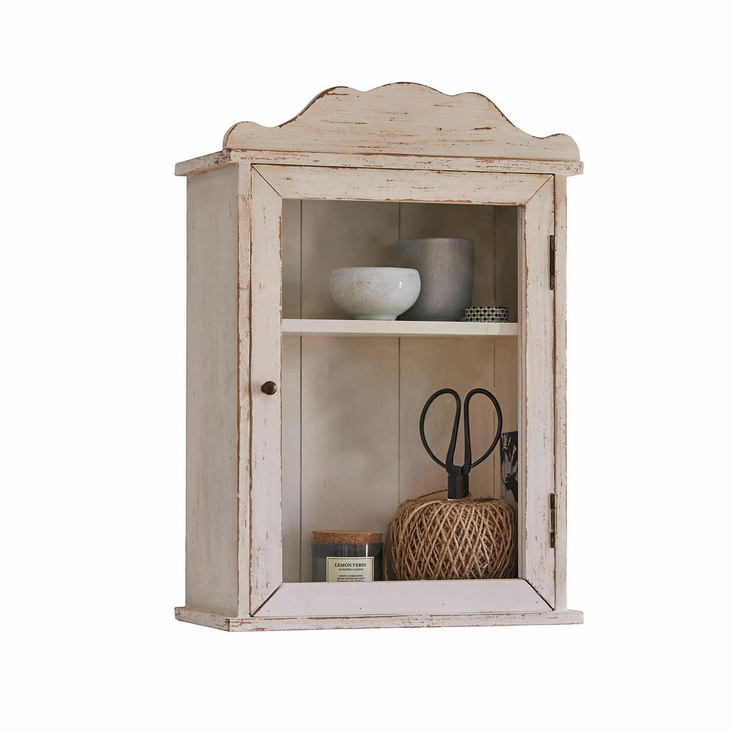 Wandschrank Sandrine Rustikaler weisser Holz-Wandschrank mit Glastür und Innenregal zur Dekoration