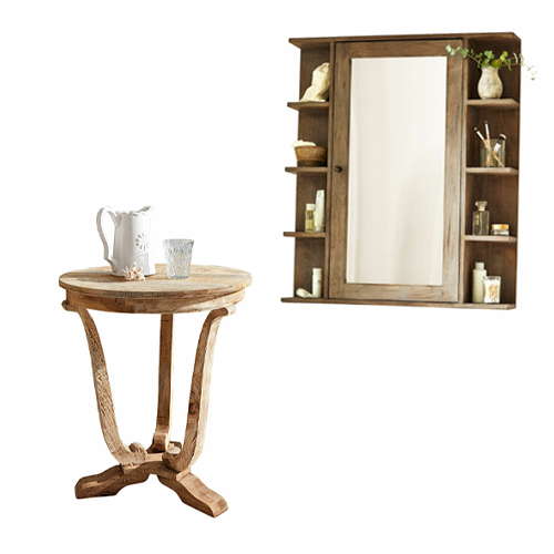 Runder Holztisch und hängender Holzschrank mit Spiegel und Regalen in Naturfarbe