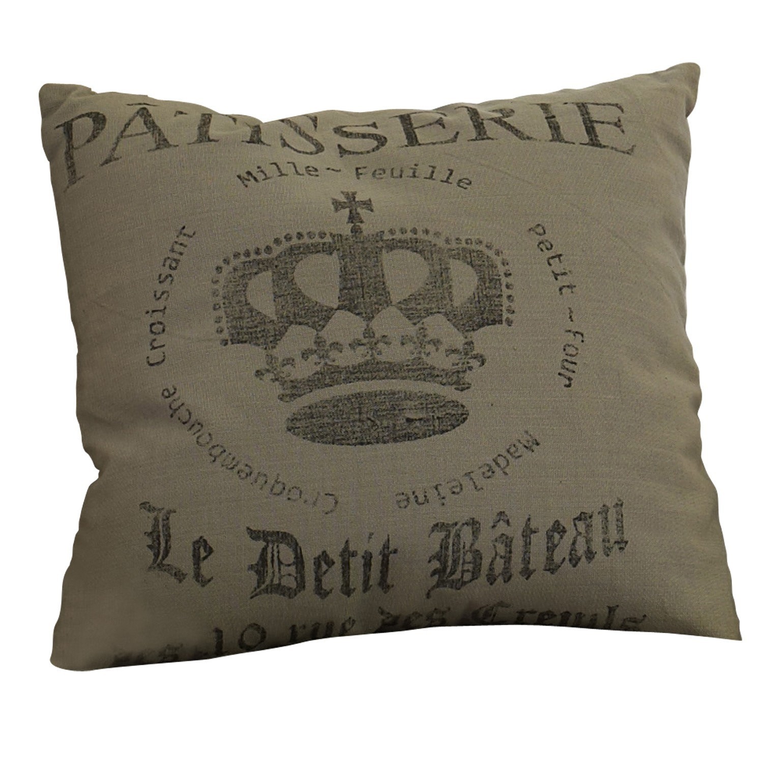 Kissen Ménoire Beige Dekokissen aus Baumwolle mit Kronenmotiv und französischem Schriftzug im Vintage-Stil