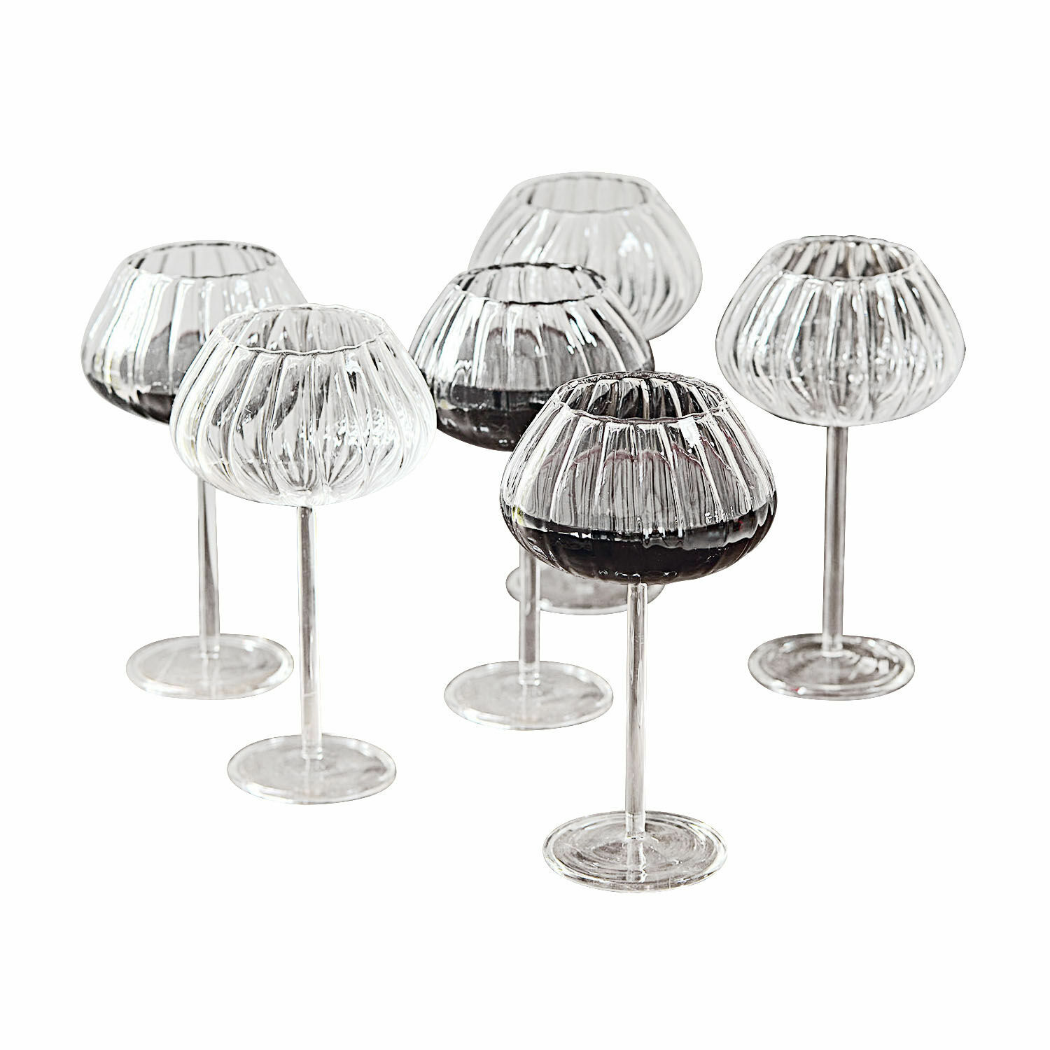 Weinglas 6er Set Minou Set aus sechs transparenten, gerillten Weingläsern aus Glas, elegantes Design für zu Hause