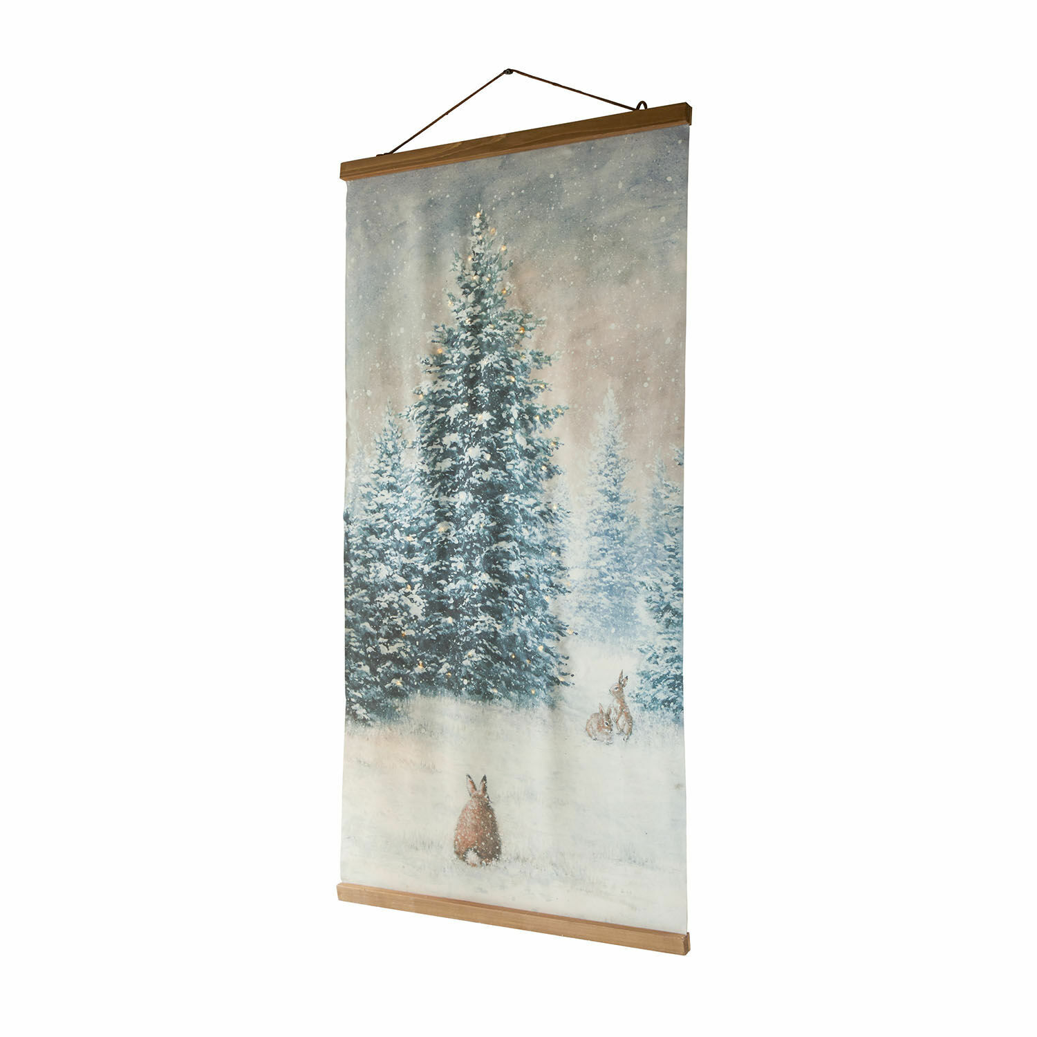 Bild mit LED Orpique Hängendes Bild mit winterlichem Motiv verschneiter Tannen und Hasen auf Stoff mit Holzrahmen