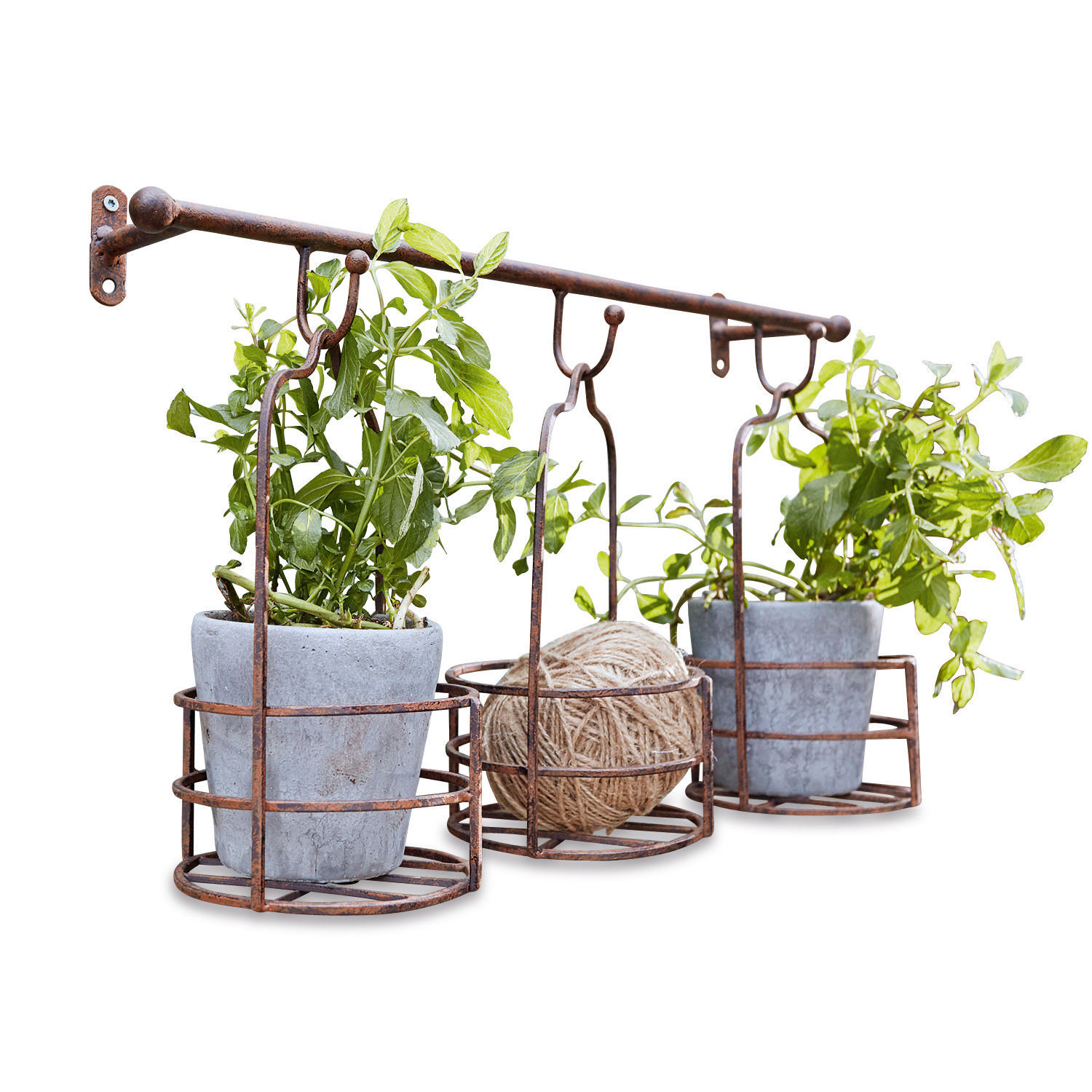 Wandregal mit Pflanzkörben Hemente Rostiger Metall-Wandhalter mit drei runden Pflanzgefässen und Gartenschnur aus Jute