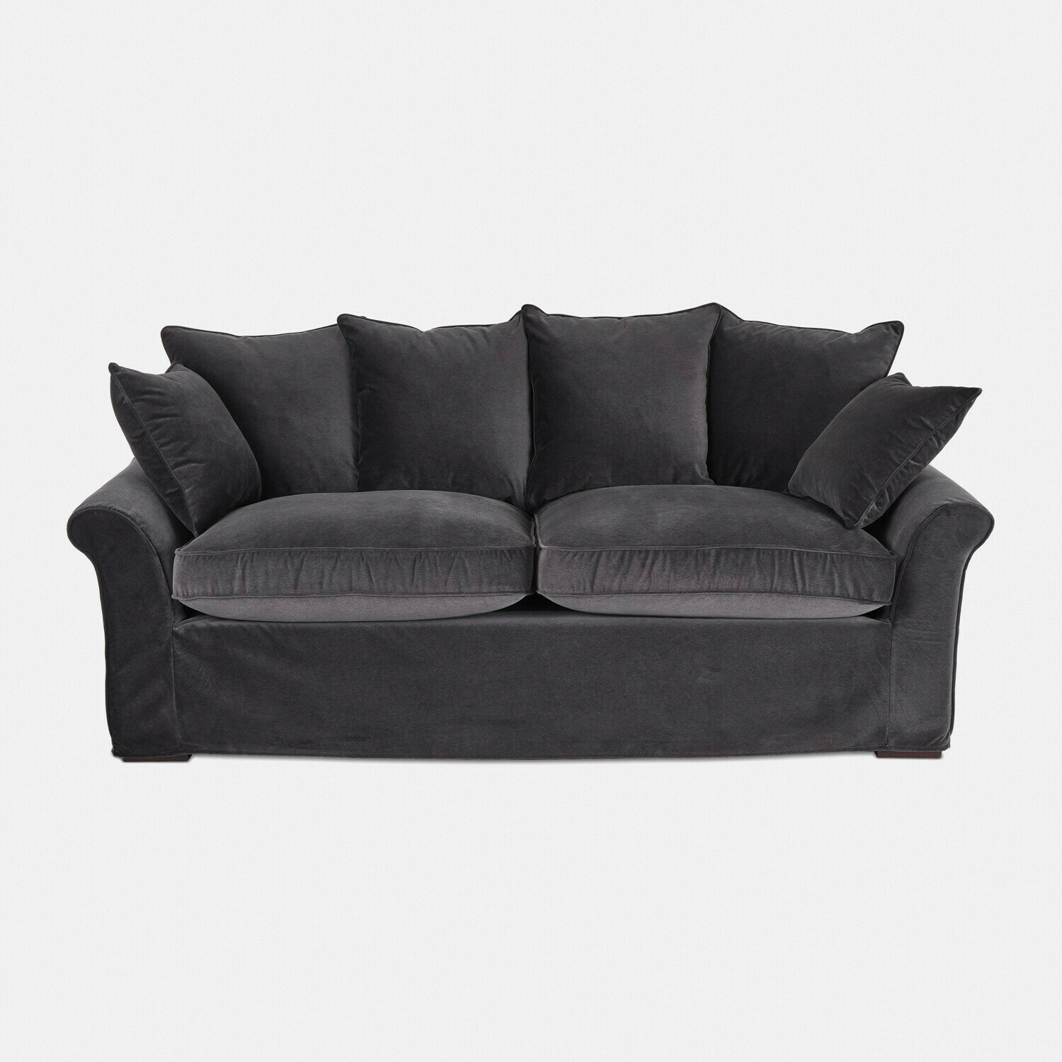 Sofa Long Beach Graues Sofa aus weichem Stoff mit Kissen, bequemes Wohnzimmermöbel