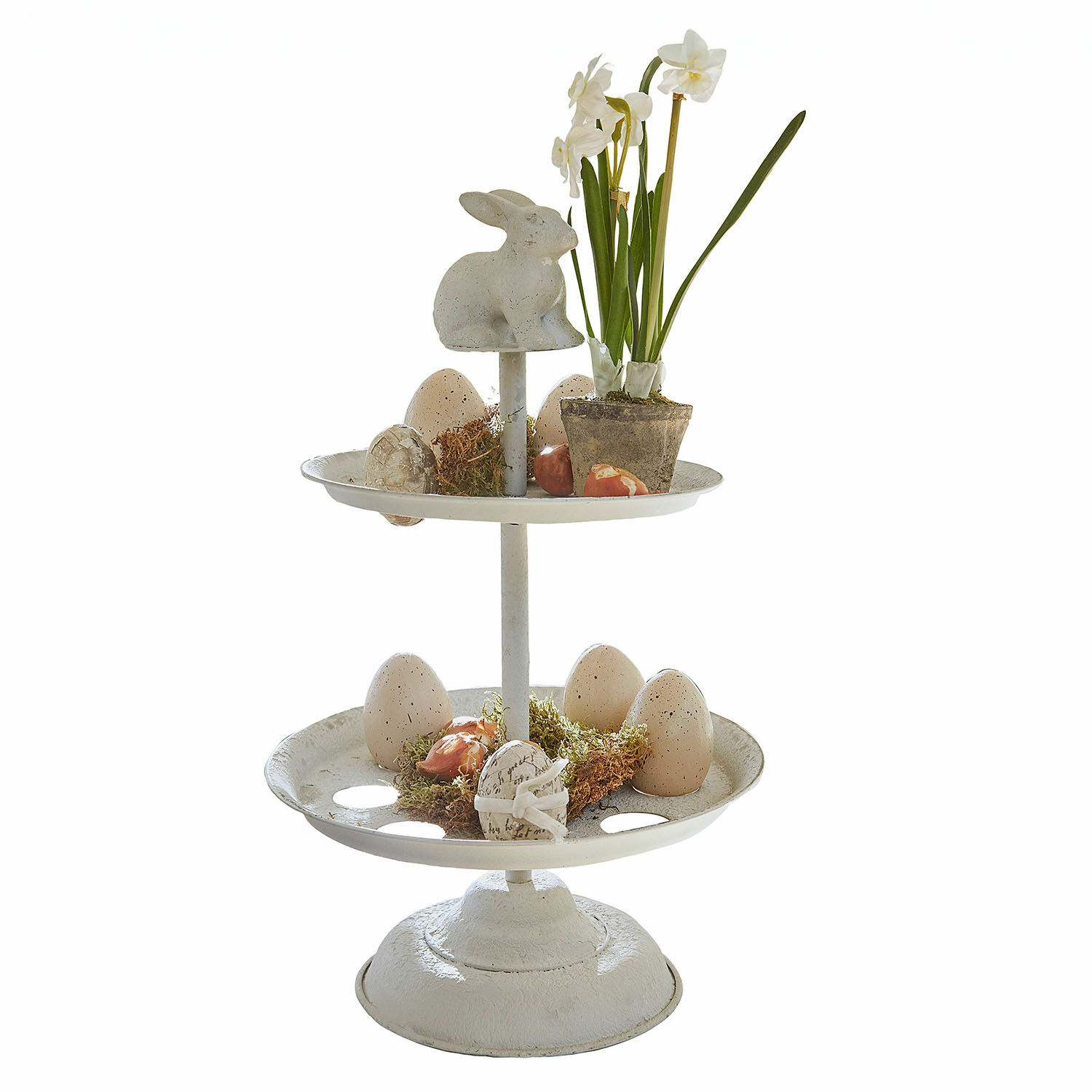 Eier-Etagere Delixor Zweistöckige weisse Metall-Etagere mit Osterdekoration aus Eiern und Hasenfigur