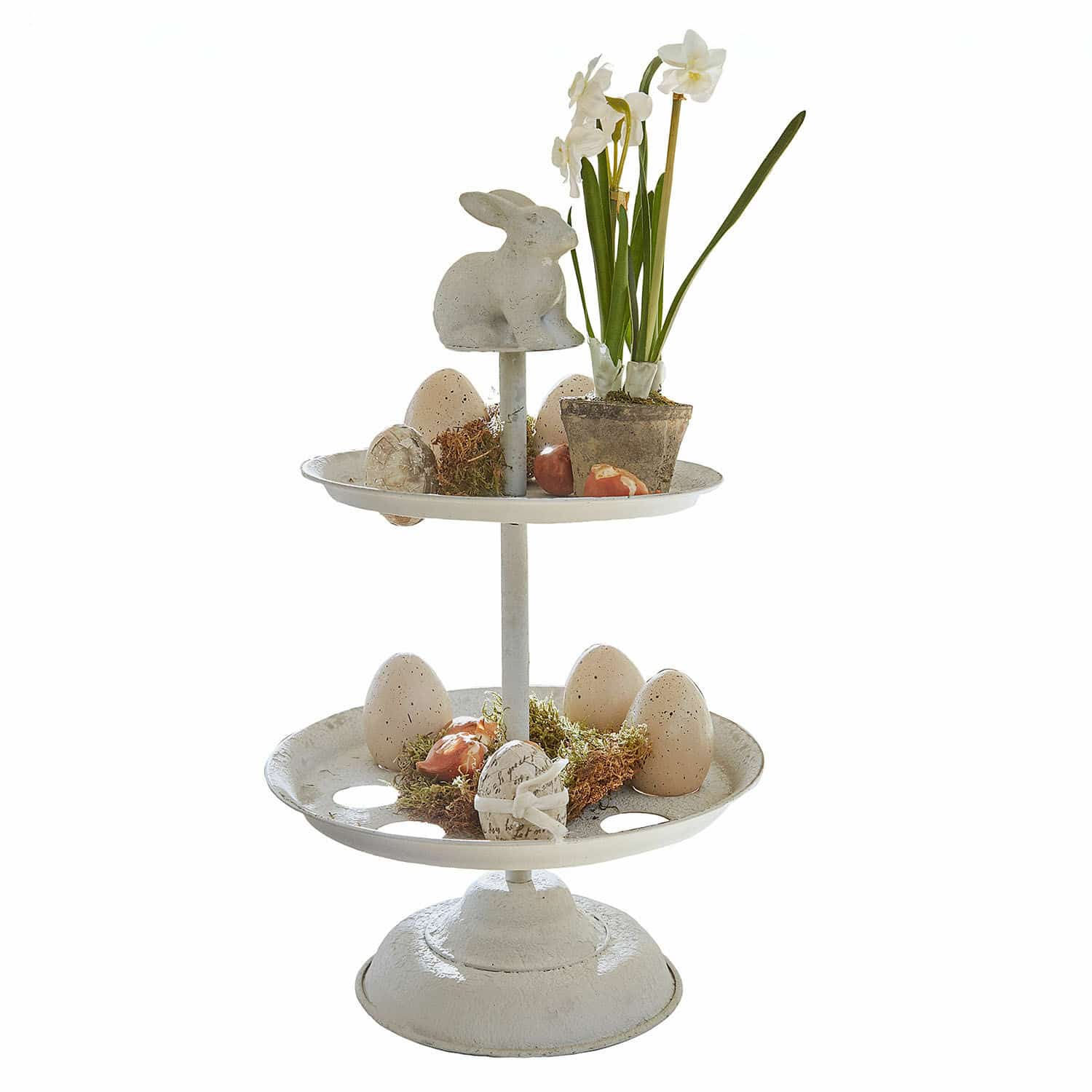 Eier-Etagere Delixor Zweistöckige weisse Metall-Etagere mit Osterdekoration aus Eiern und Hasenfigur