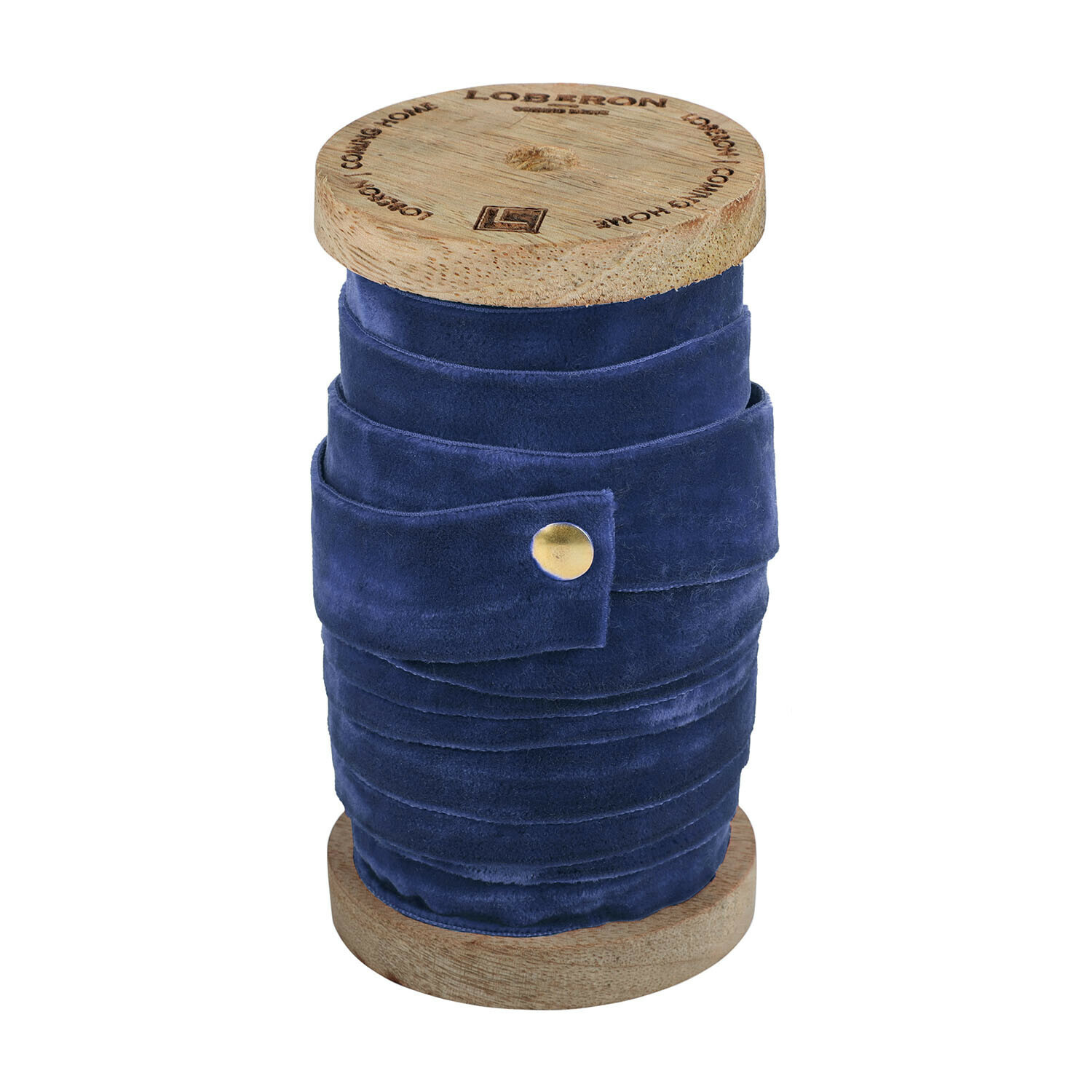 Dunkelblaues Samtband auf Holzspule für Dekoration und Bastelarbeiten