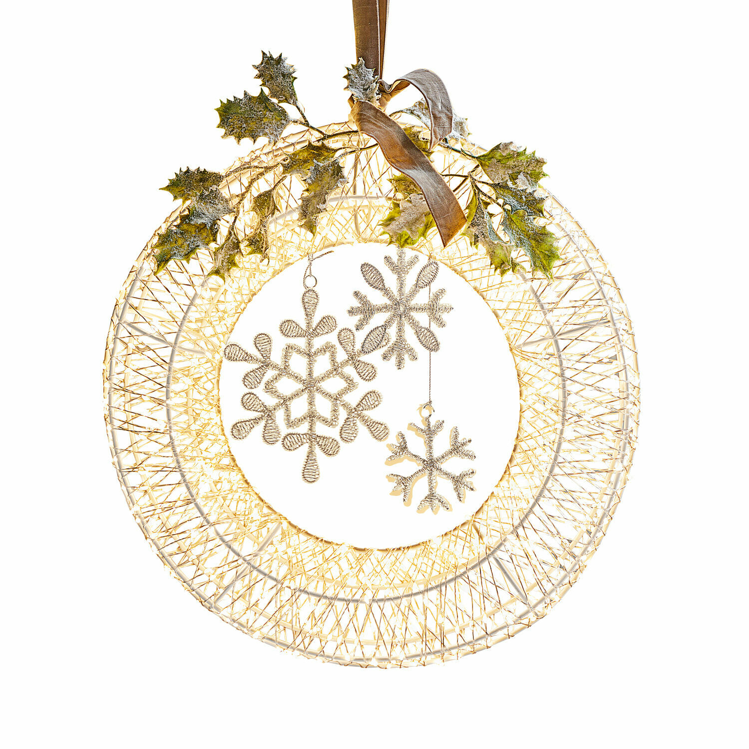LED-Kranz Winsloe Weihnachtlicher Kranz aus goldenem Metallgeflecht mit Schneeflocken- und Stechpalmen-Dekor für die Festtage