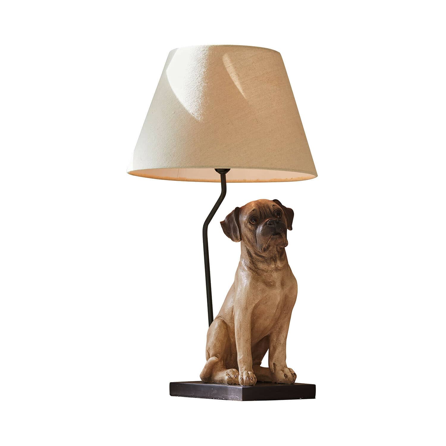 Tischlampe mit beigem Schirm und brauner Hundeskulptur aus Kunststoff als Sockel