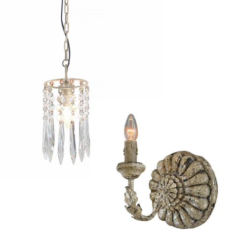 Set aus Hängeleuchte mit Kristalltropfen und Retro-Wandlampe in Beige