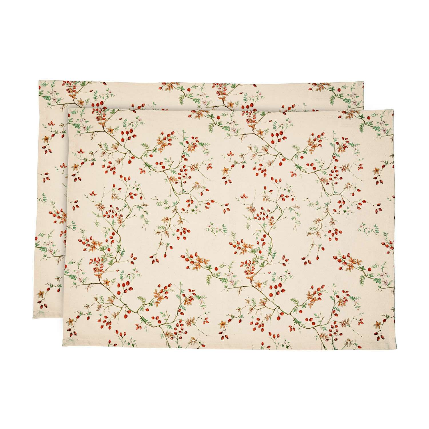 Geschirrtuch 2er set Mauriac Set mit zwei Baumwoll-Tischsets in Creme mit rotem Beeren- und grünem Zweigmuster für den Tisch