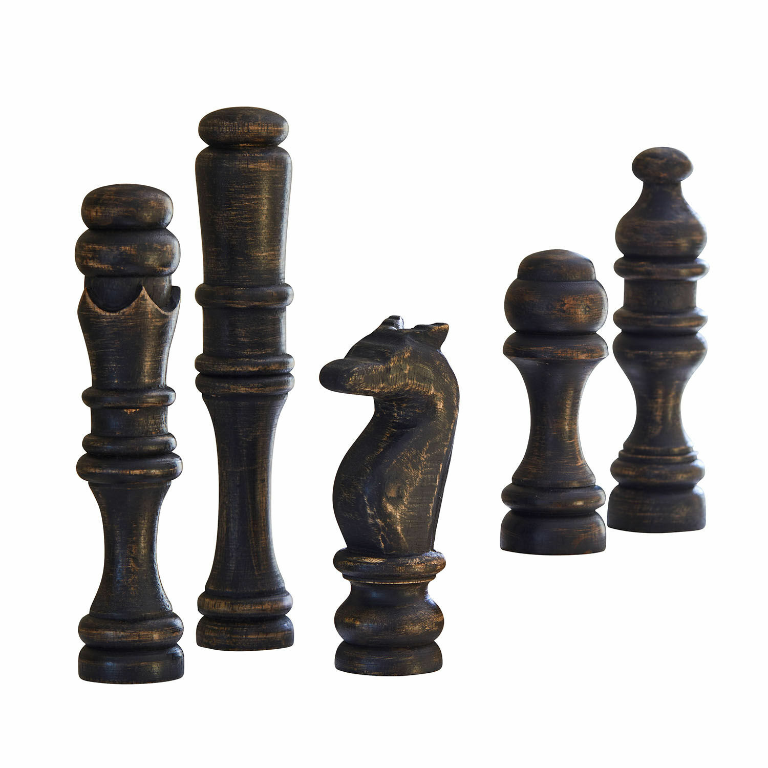 Deko-Objekt 5er Set Guillemineau Fünf grosse schwarze Schachfiguren aus Holz mit antikem Finish, dekoratives Spielzubehör