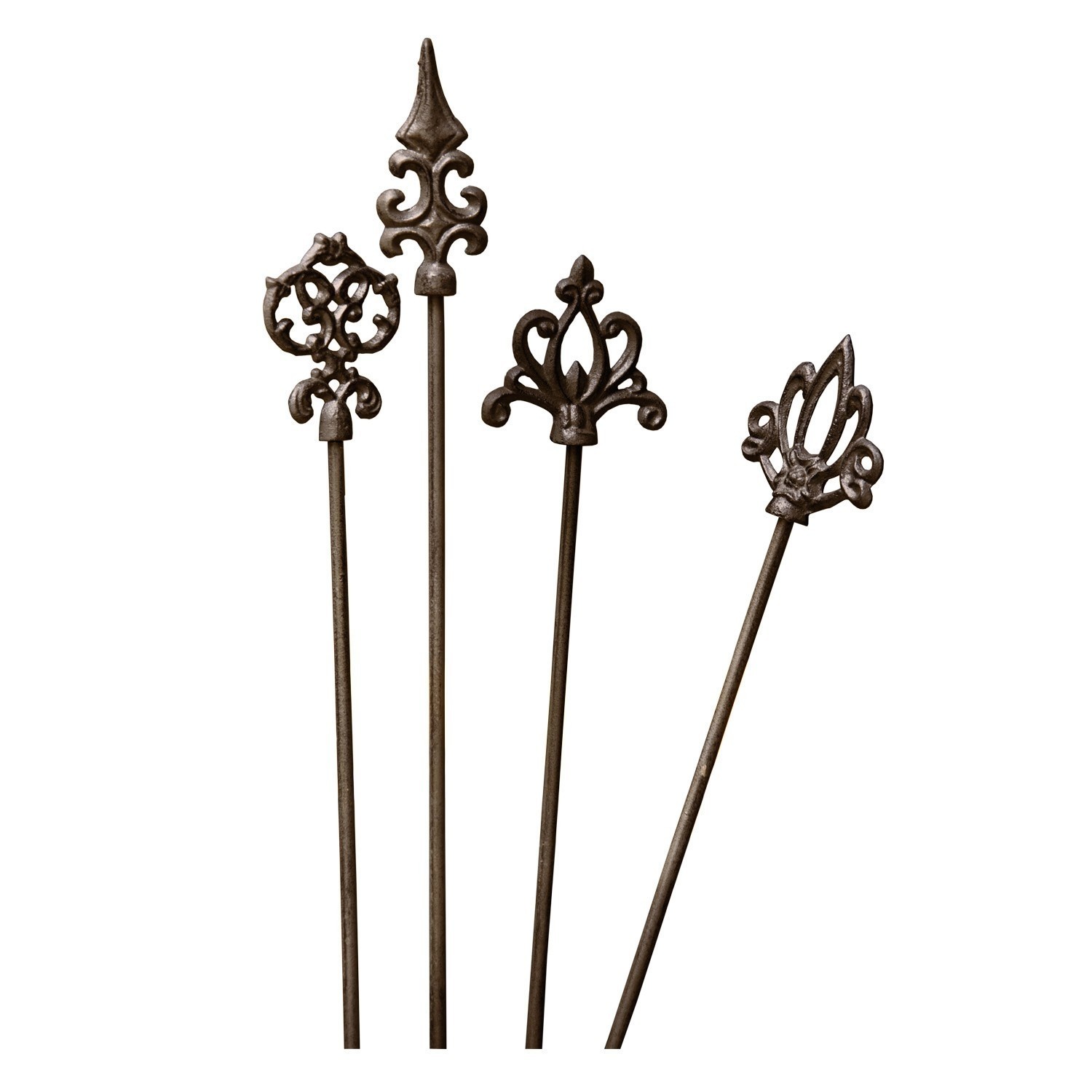 Rosenstäbe 4er Set Baton Vier dekorative Gartenstäbe aus rostbraunem Metall mit filigranen Spitzen für Pflanzen.