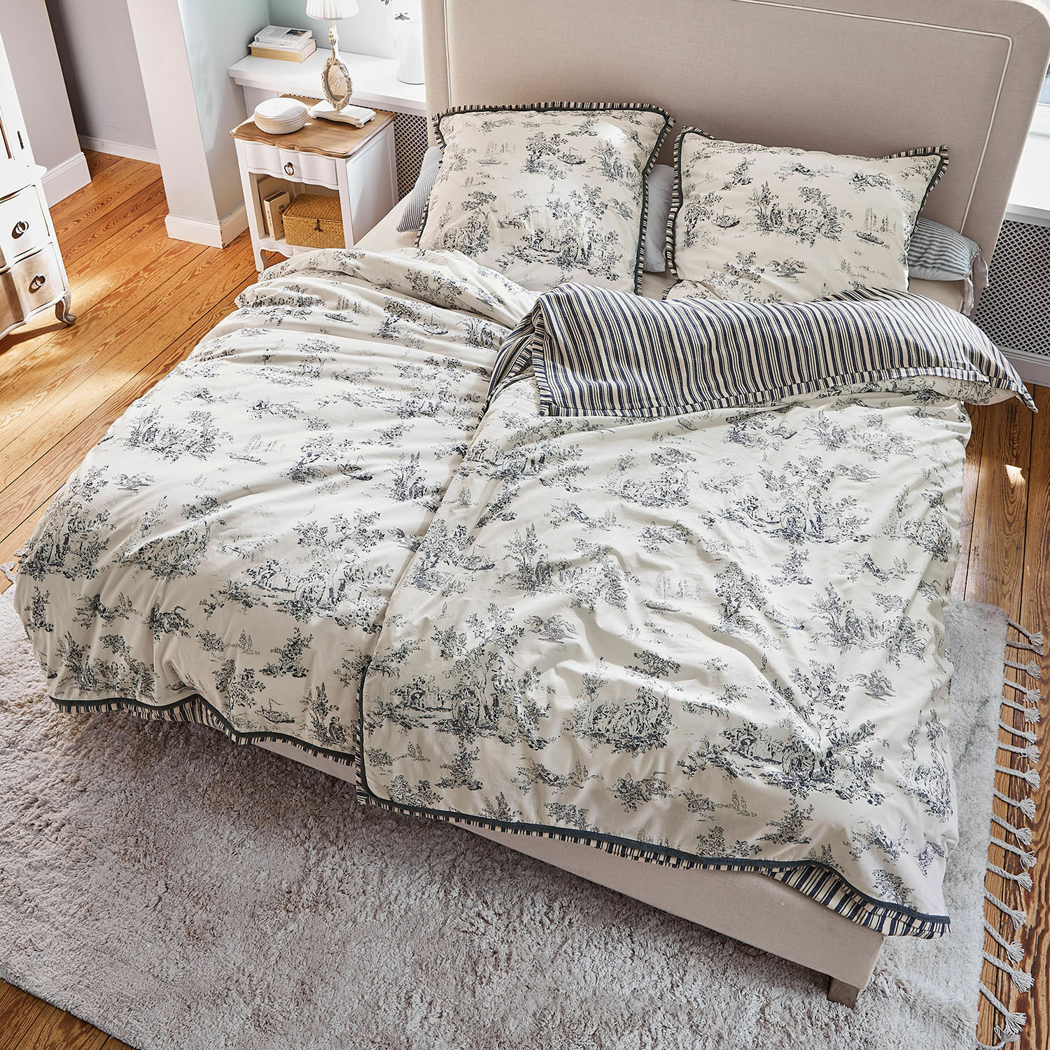 Bettwäsche Felencio Bettwäsche aus Baumwolle in Creme mit schwarzem Muster und Streifen, Vintage-Stil fürs Schlafzimmer