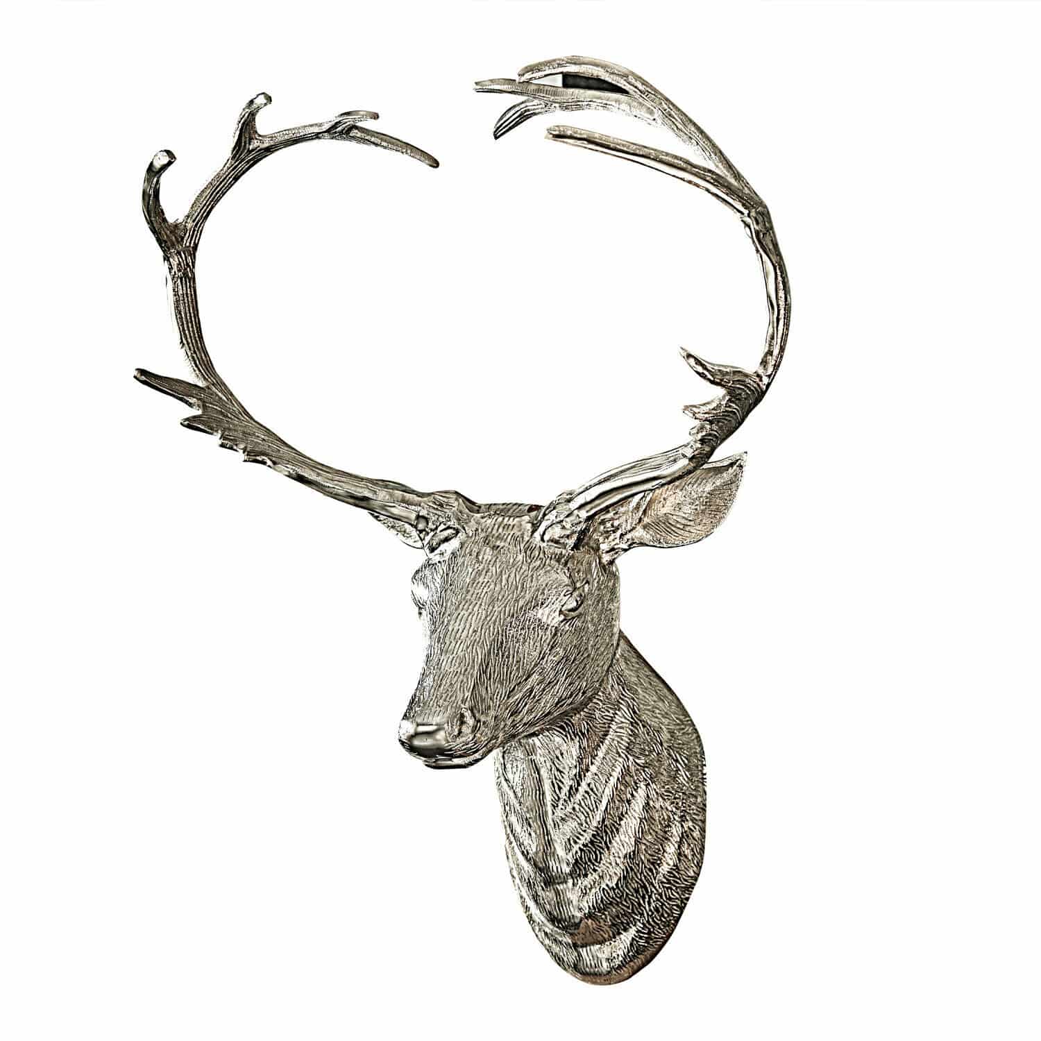 Deko-Hirschgeweih Amirak Silberne Wanddekoration mit Hirschkopf aus Metall und grossen Geweihen, stilvolles Wohnaccessoire