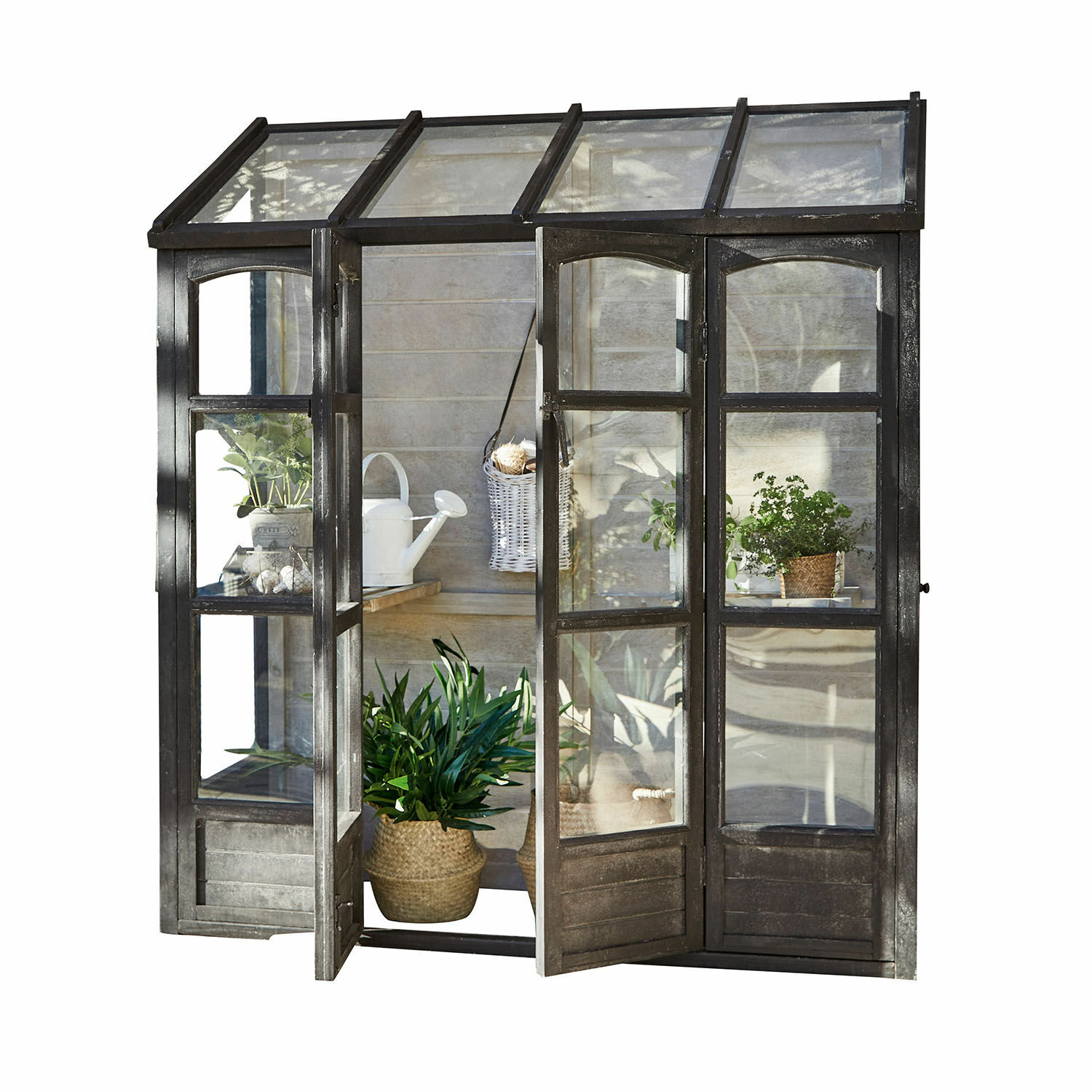 Gewächshaus Abilenne Gartengewächshaus aus schwarzem Metall mit Regalen und Pflanzen, ideal für Kräuter und Blumen.