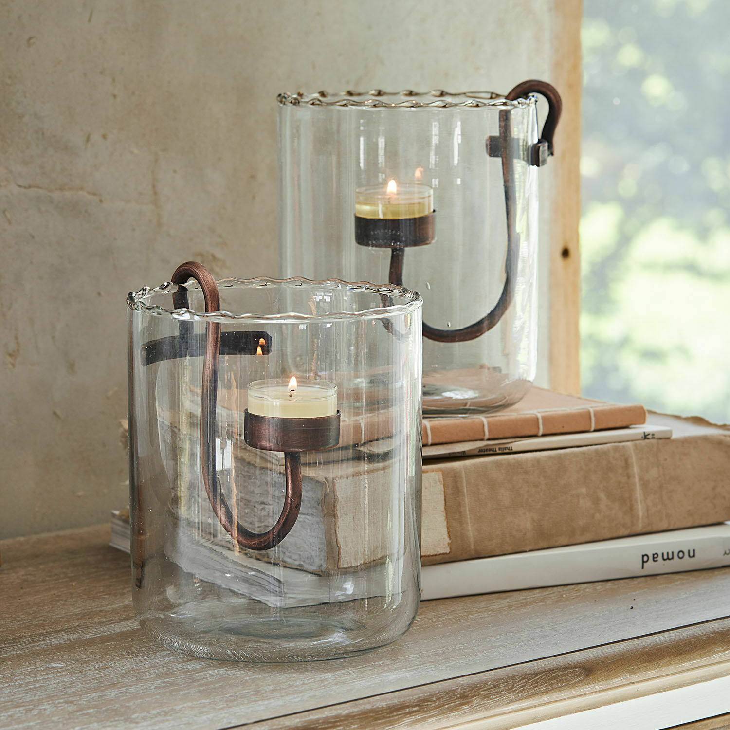 Windlicht 2er Set Lynn Glas-Teelichthalter mit kupferfarbenem Metallgriff für weisse Kerze, Wohnaccessoire