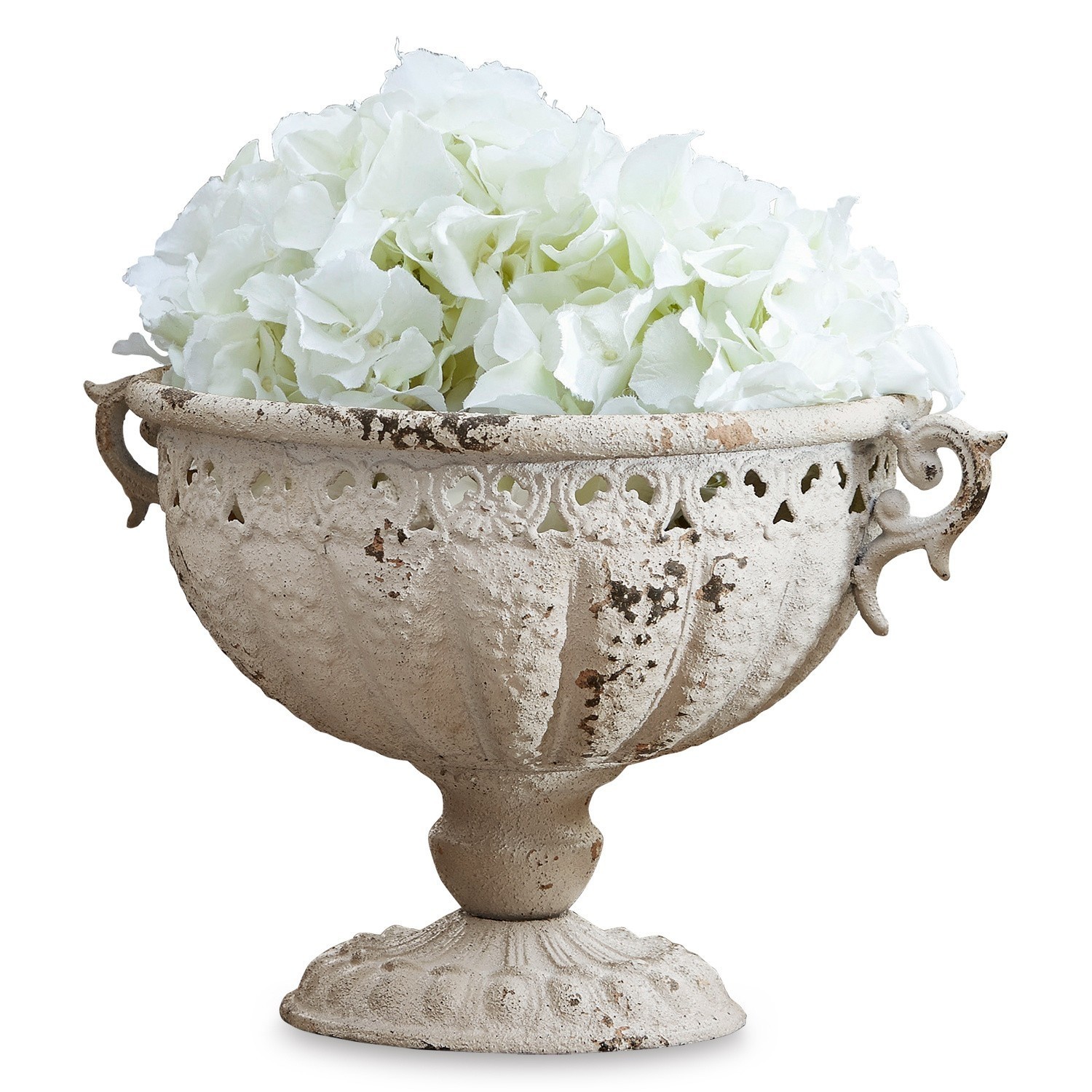Amphore Vescemont Dekorative Metallschale im Vintage-Stil in Weiss mit weissen Blumen zur Wohnraumdekoration