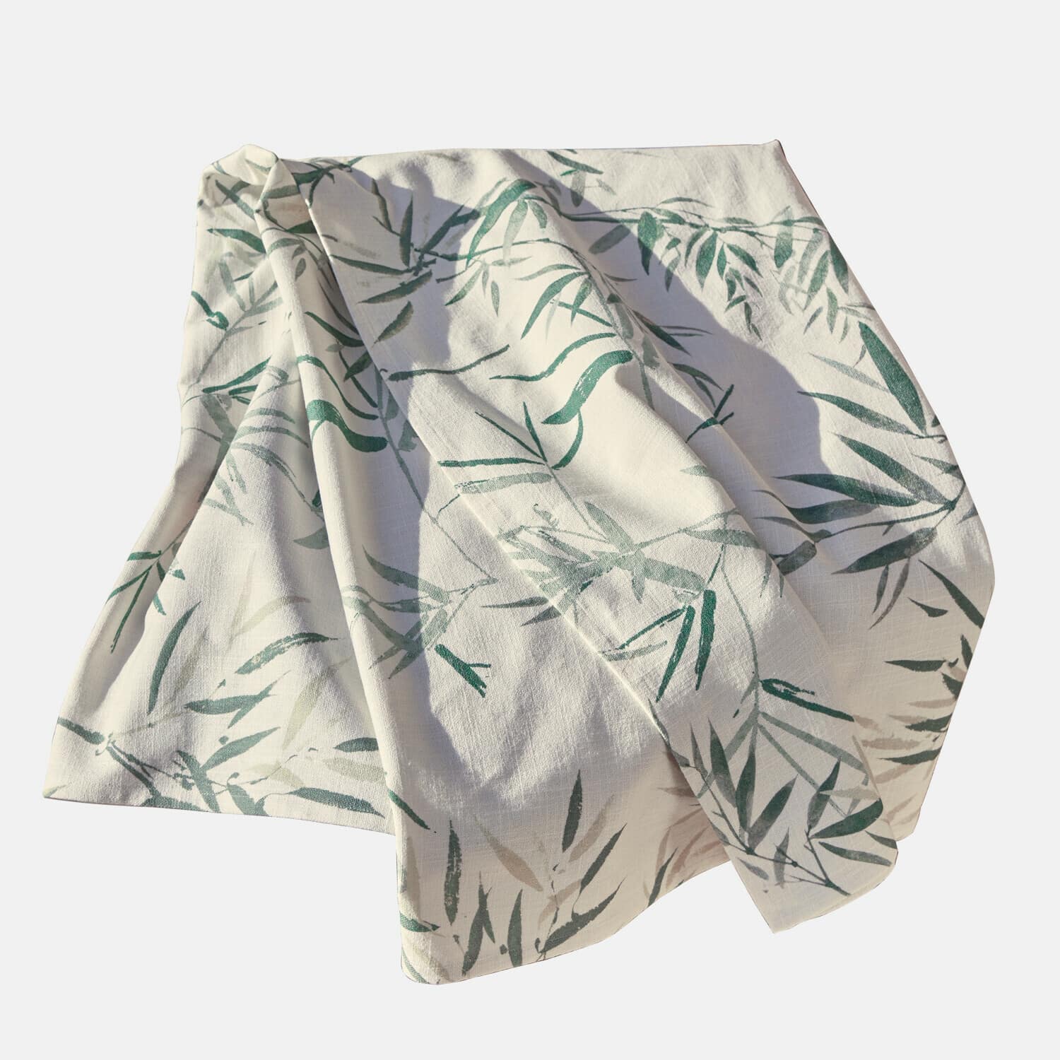 Leinentischdecke in Weiss mit grünem Blattmuster, dekorativer Naturstoff für Zuhause