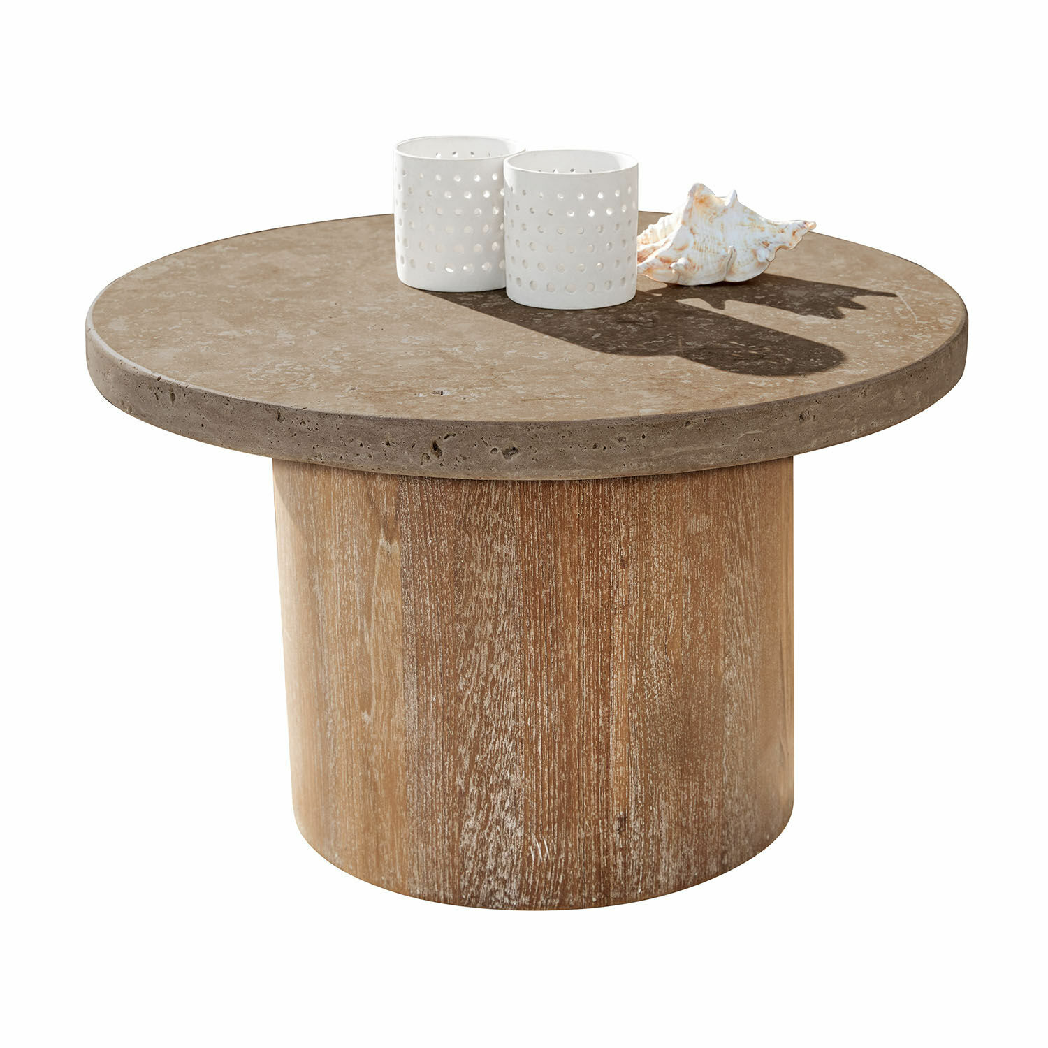Couchtisch Clearwater Runder Couchtisch mit beiger Steintischplatte und hellem Holzsockel