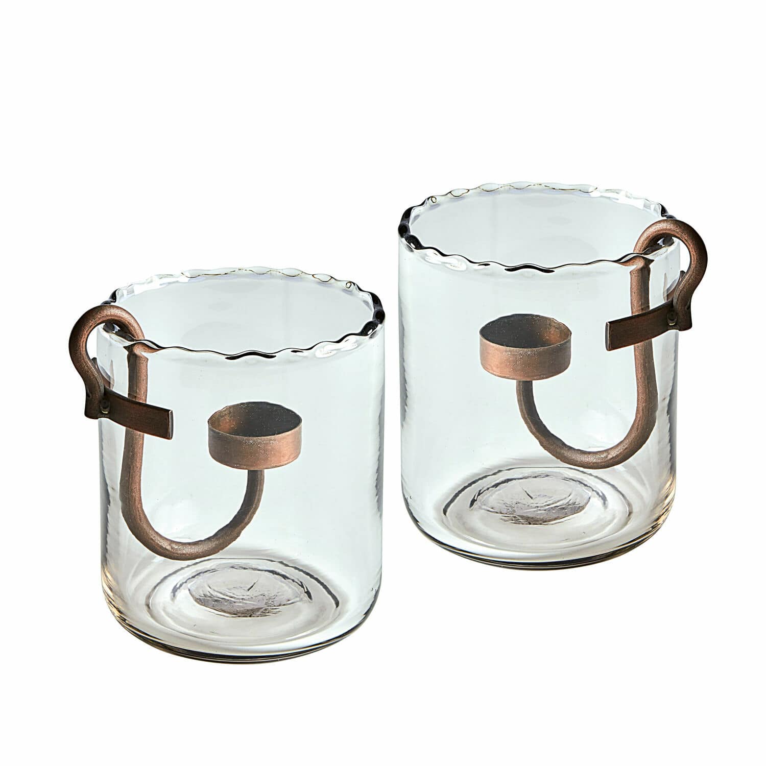Windlicht 2er Set Lynn Glas-Teelichthalter mit kupferfarbenen Griffen und wellenförmigem Rand, Wohnaccessoire