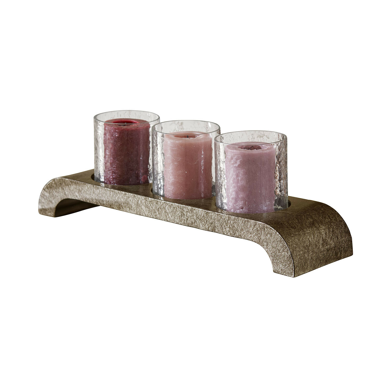 Kerzenhalter Silvra Set mit drei rosa und bordeauxfarbenen Kerzen in Glashaltern auf braunem dekorativem Sockel