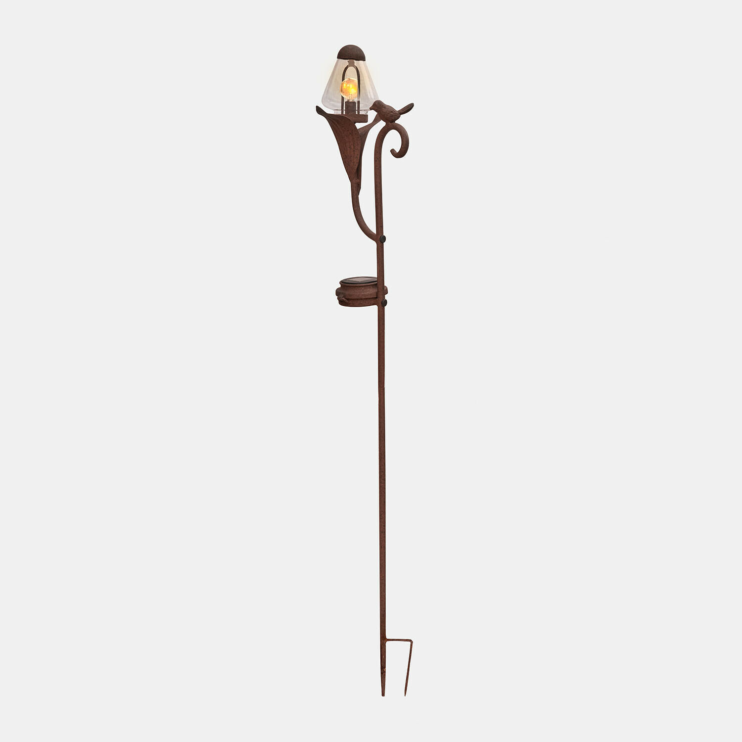 Solar-Laterne Brisanne Dekorative Gartenlampe aus rostigem Metall mit Vogelmotiv und Glasschirm