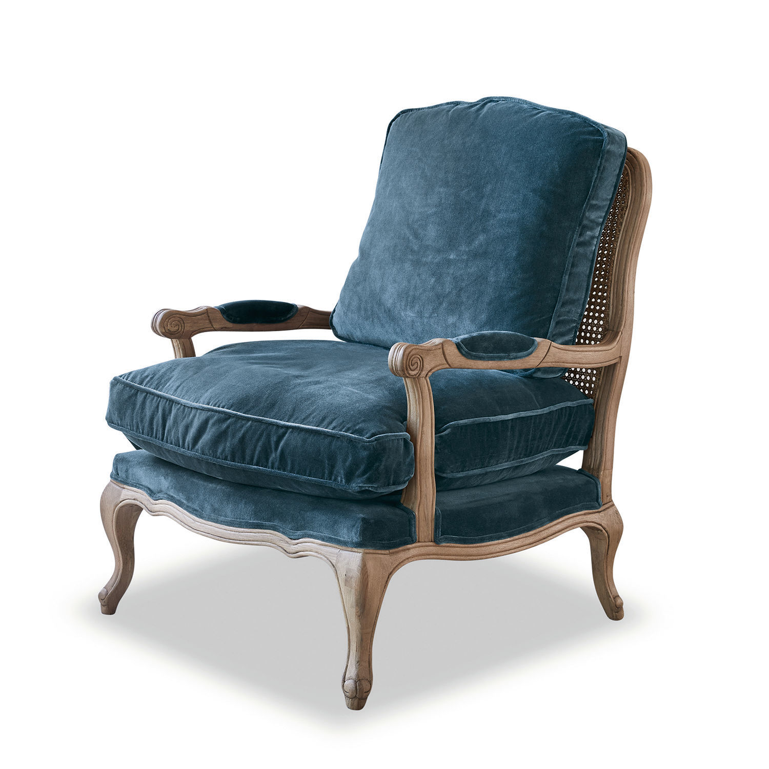 Sessel Corlay Eleganter Sessel mit Holzrahmen und weichen blauen Samtkissen für ein stilvolles Wohnzimmer