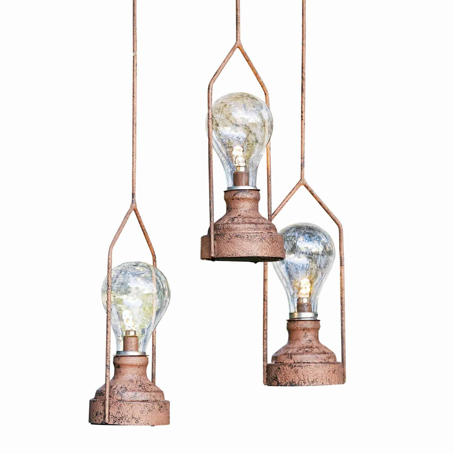 LED-Hängelaterne 3er Set Chambéry Drei hängende Lampen mit rostiger Metallbasis und klaren LED-Leuchtmitteln für stimmungsvolles Licht