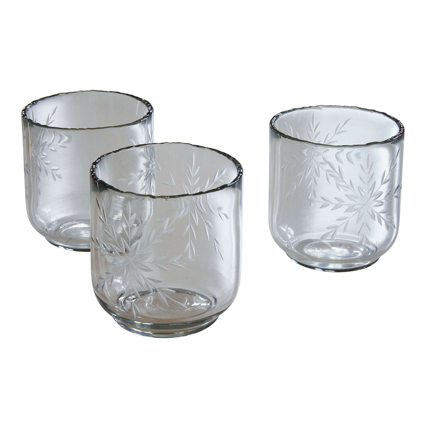 Windlicht 3er Set Selhild Drei klare Gläser mit graviertem Blattmuster aus durchsichtigem Glas