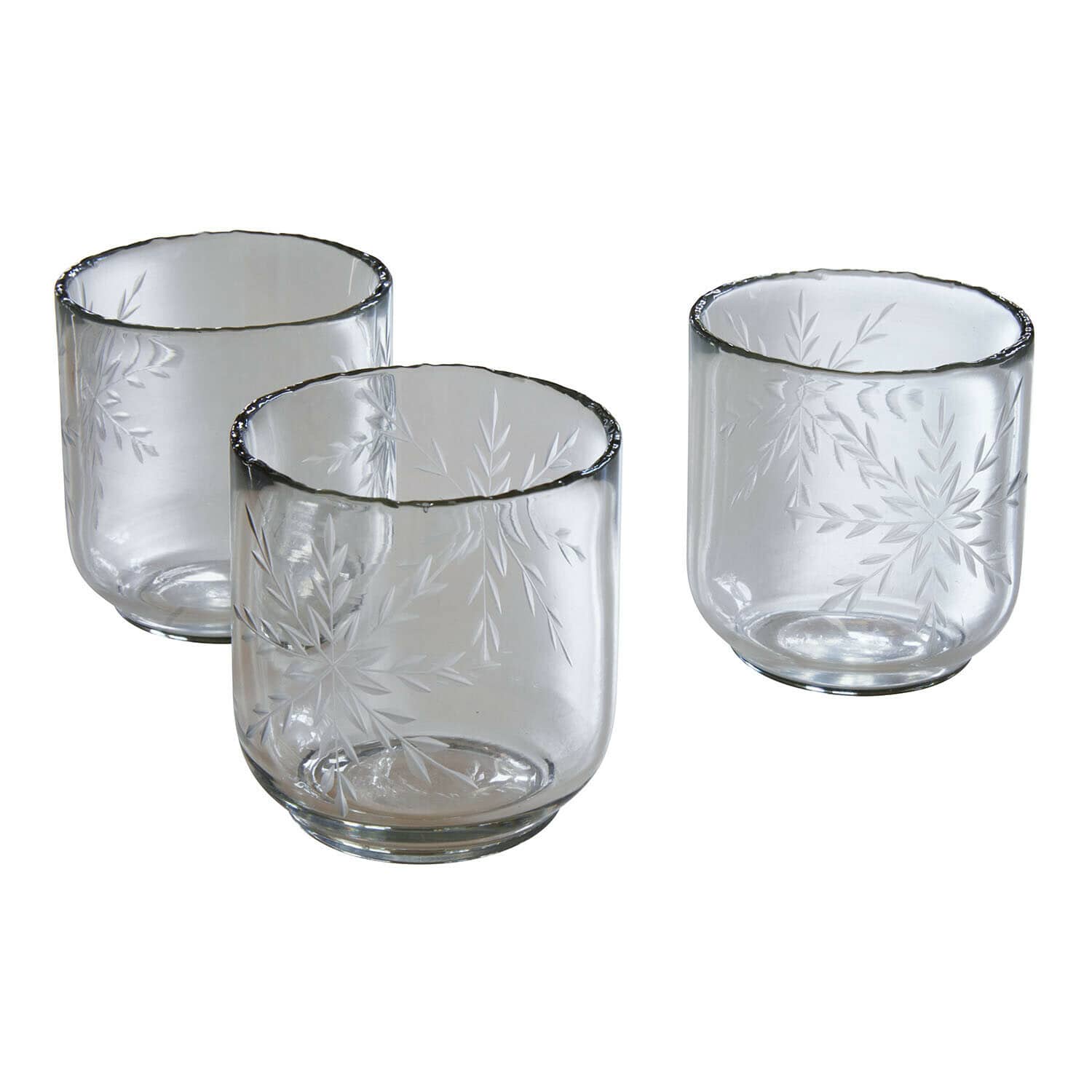Windlicht 3er Set Selhild Drei klare Gläser mit graviertem Blattmuster aus durchsichtigem Glas