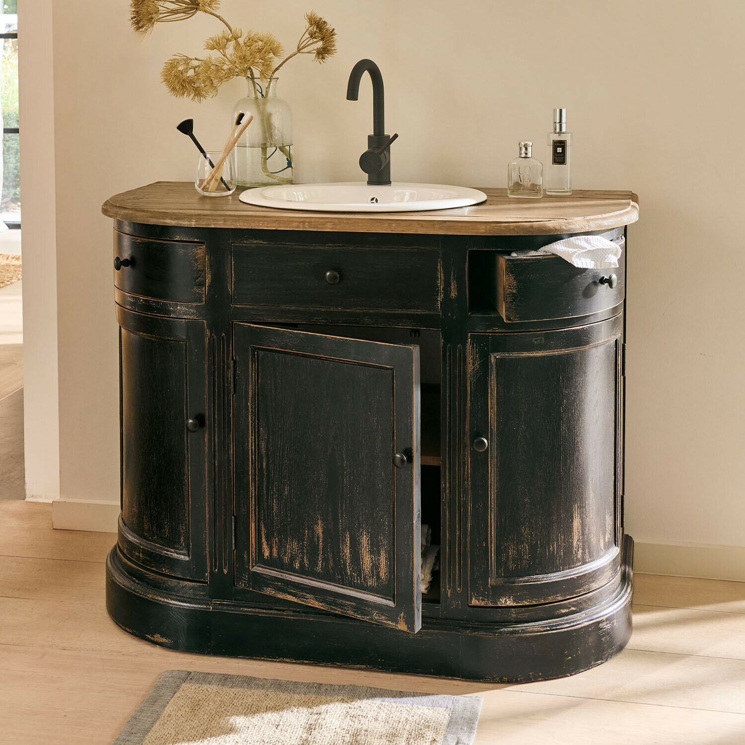 Waschtisch Louisiana Schwarzer Holz-Badezimmerschrank mit weissem Waschbecken und hellem Holzplatte im Vintage-Stil