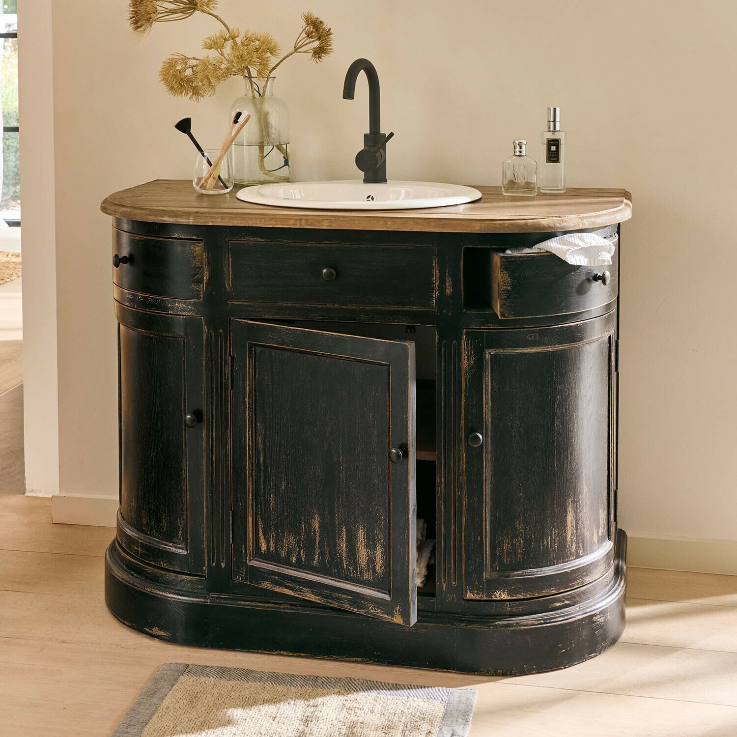 Waschtisch Louisiana Schwarzer Holz-Badezimmerschrank mit weissem Waschbecken und hellem Holzplatte im Vintage-Stil