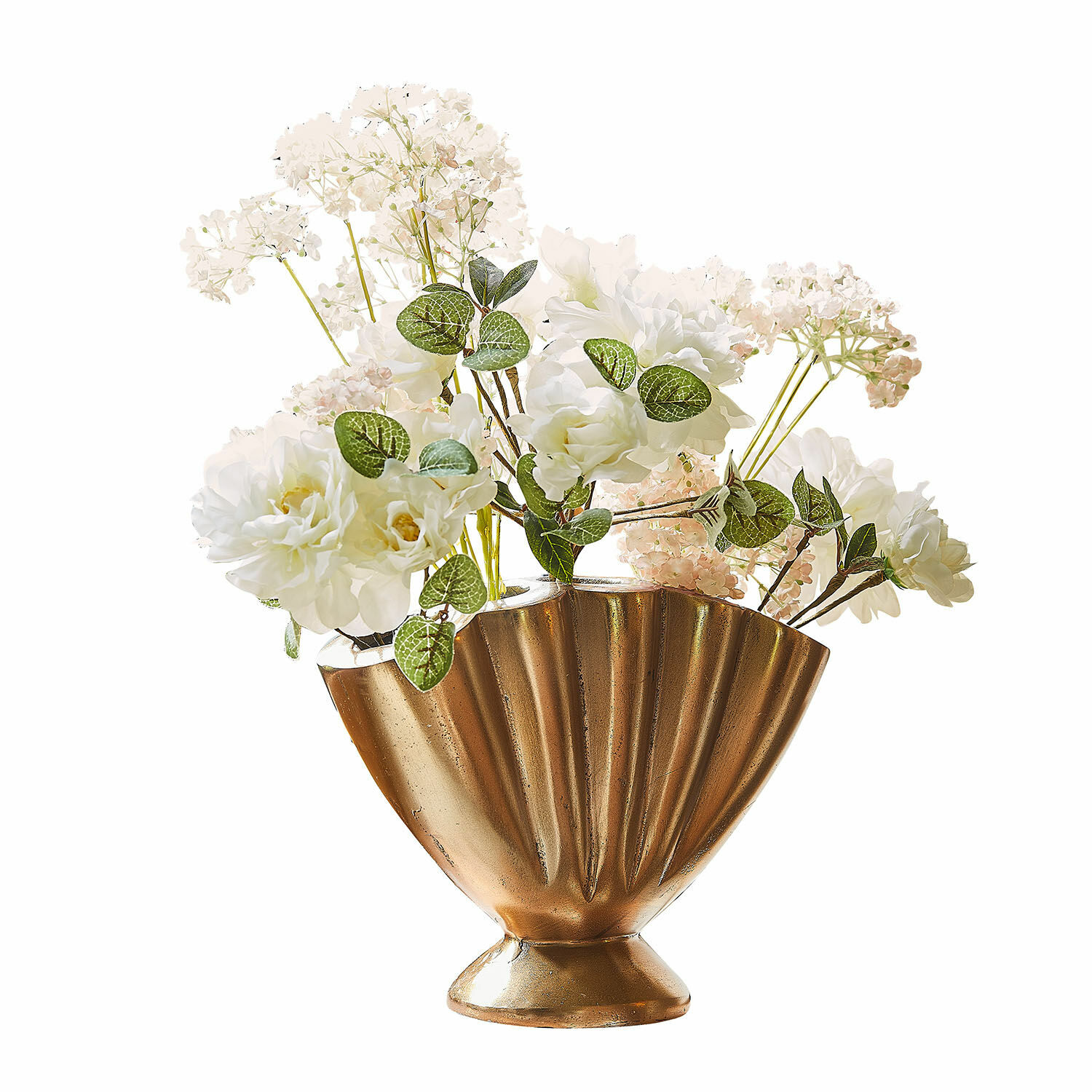 Vase Chavelot Goldfarbene Metallvase in Fächerform mit weissen Dekoblumen für Wohnräume
