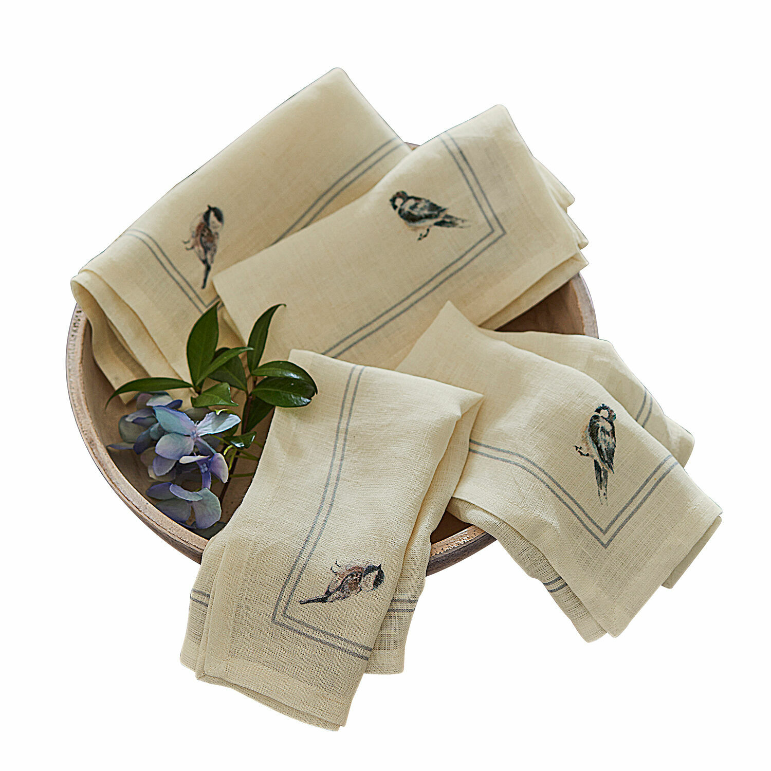 Serviette 4er Set Taralga Leinenservietten in Creme mit Vogelmotiv, dekorative Tischtextilien für das Esszimmer