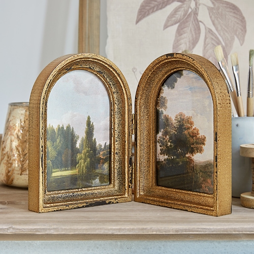 Goldener zweiteiliger Bilderrahmen mit Landschaftsmotiv, Vintage-Tischdekoration