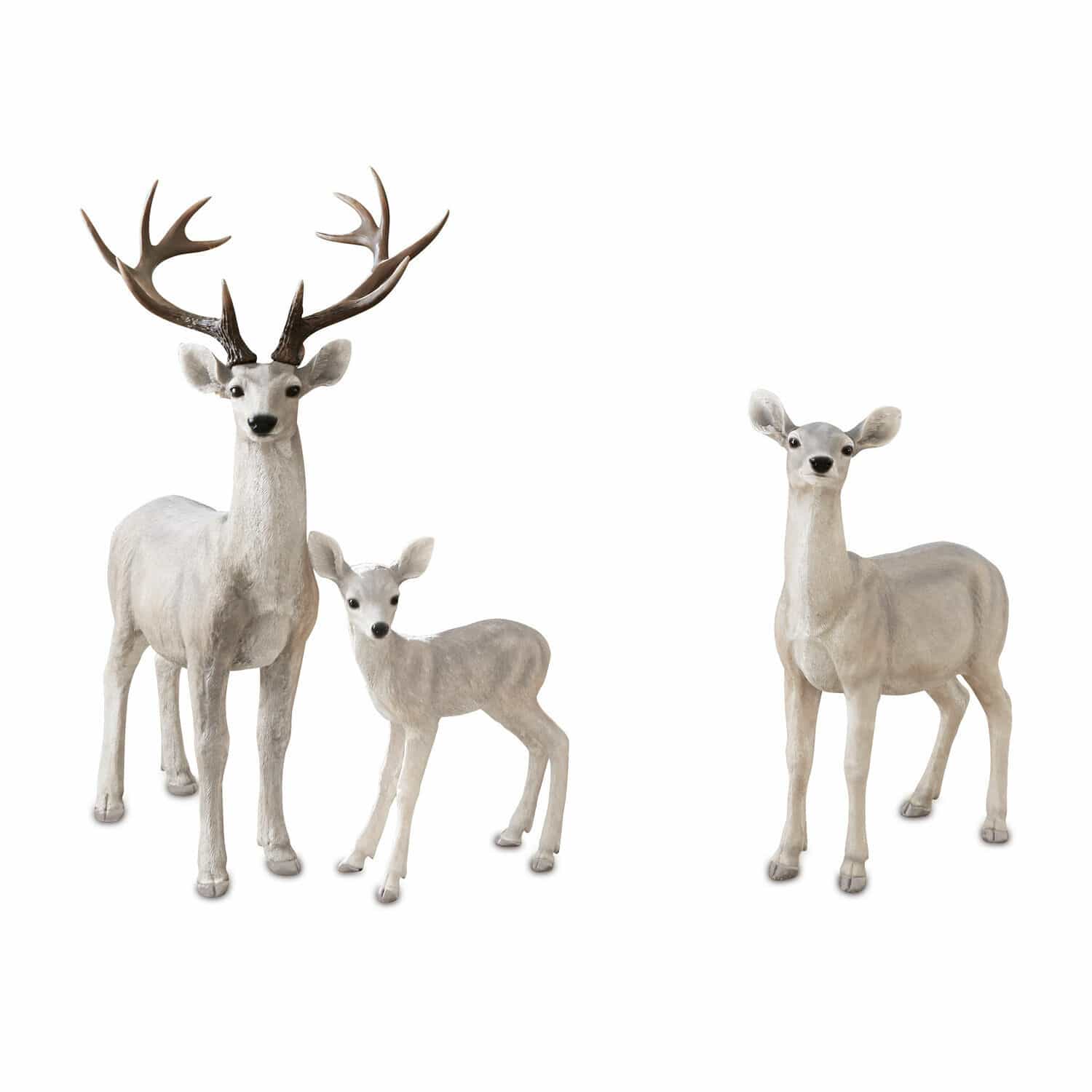 Hirsch mit Reh und Kitz Olsen Drei hellgraue Hirschfiguren als Dekoration für Innen- und Aussenbereiche