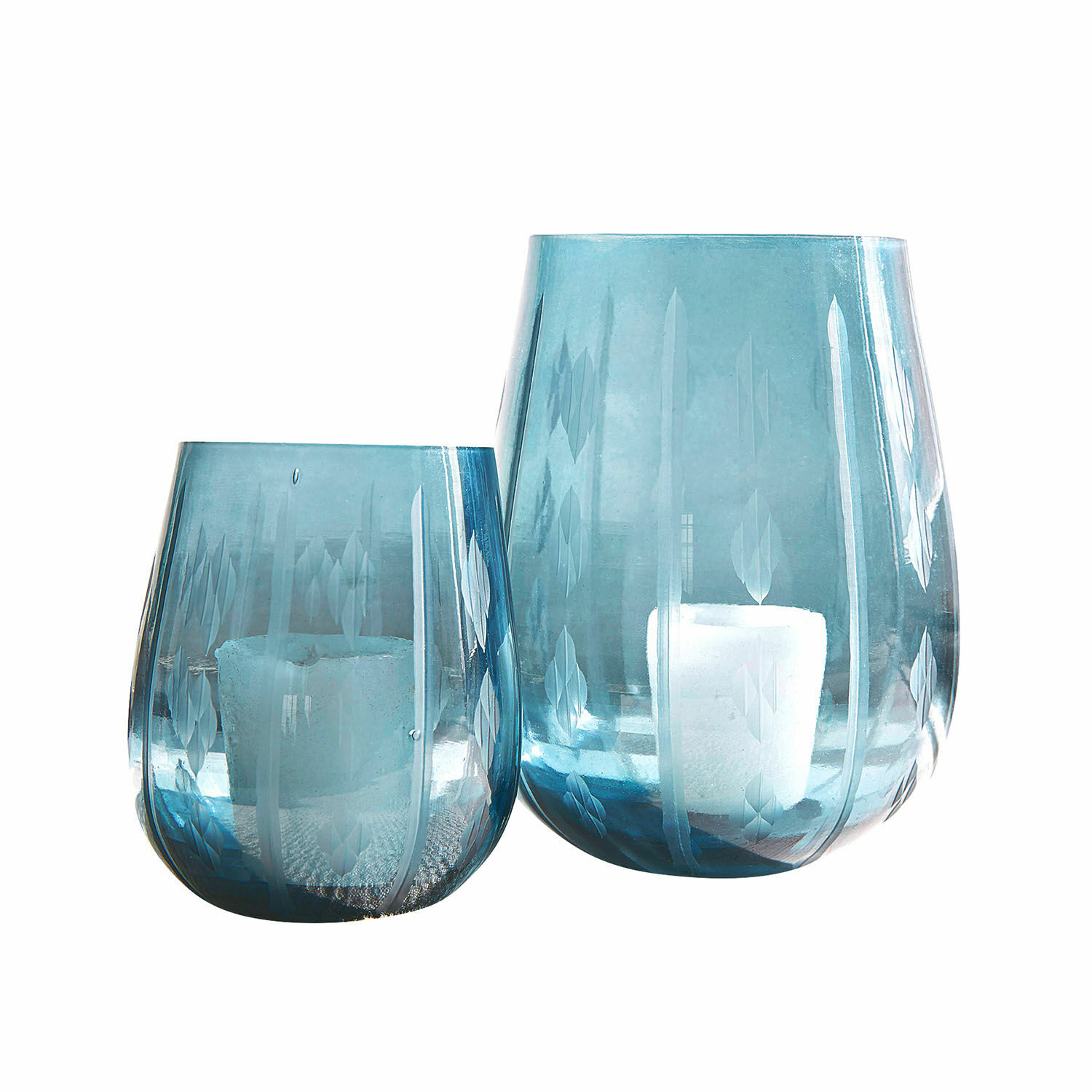 Windlicht 2er Set Danisar Zwei blaue Glas-Teelichthalter mit graviertem Blattmuster, dekorative Wohnaccessoires