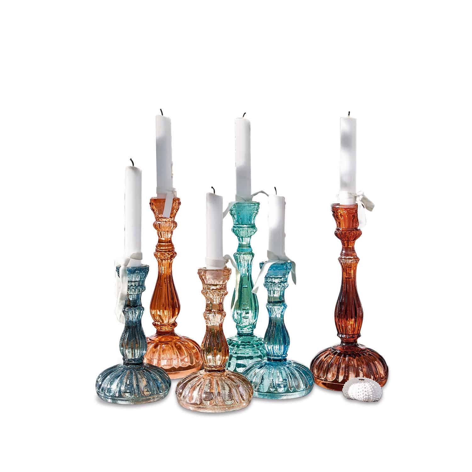 Kerzenständer 6er Set Indre Buntes Set aus Glas-Kerzenhaltern mit weissen Kerzen, Vintage-Dekoration für Zuhause
