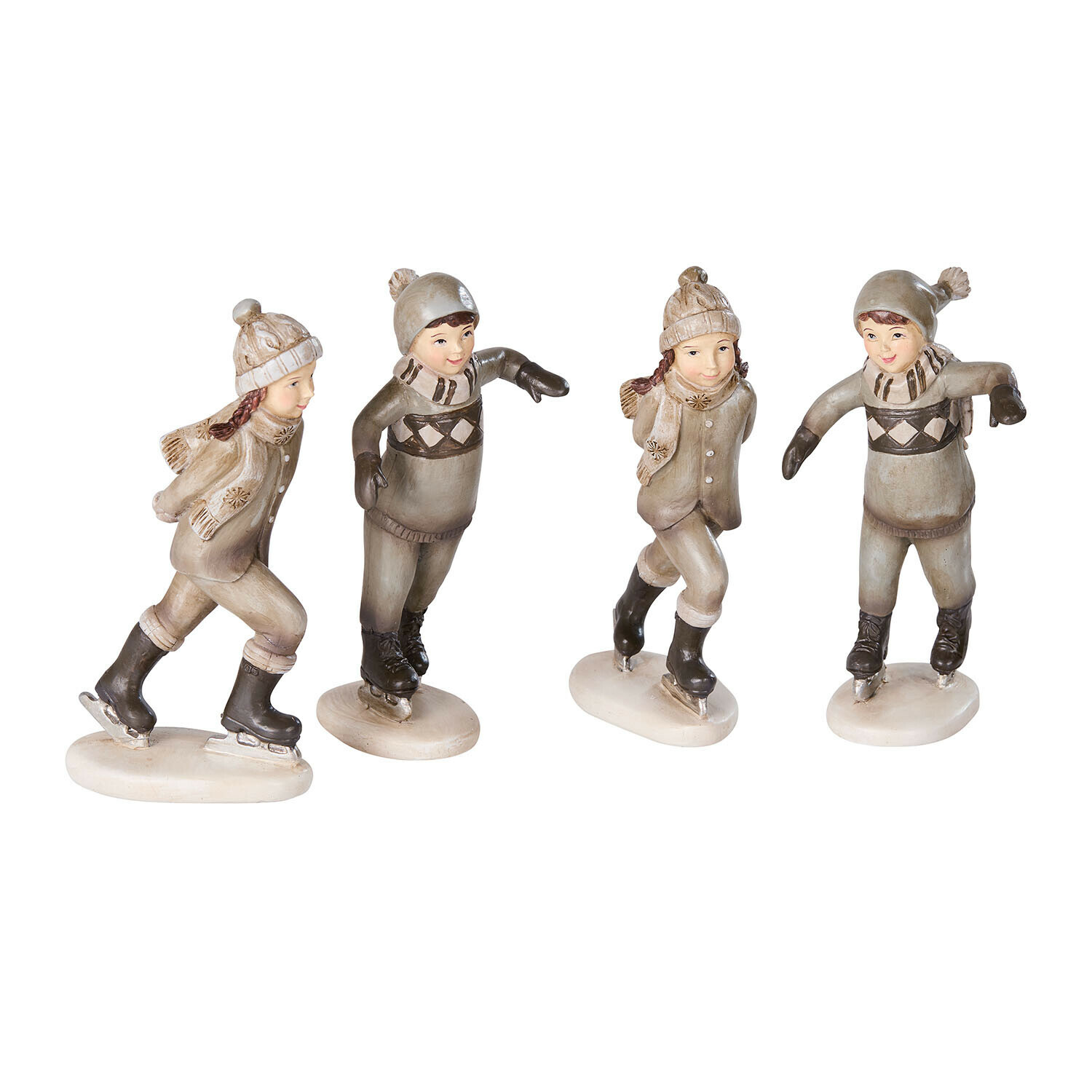 Figur 4er Set Mériot Keramikfiguren von Kindern beim Schlittschuhlaufen in beige-brauner Winterkleidung