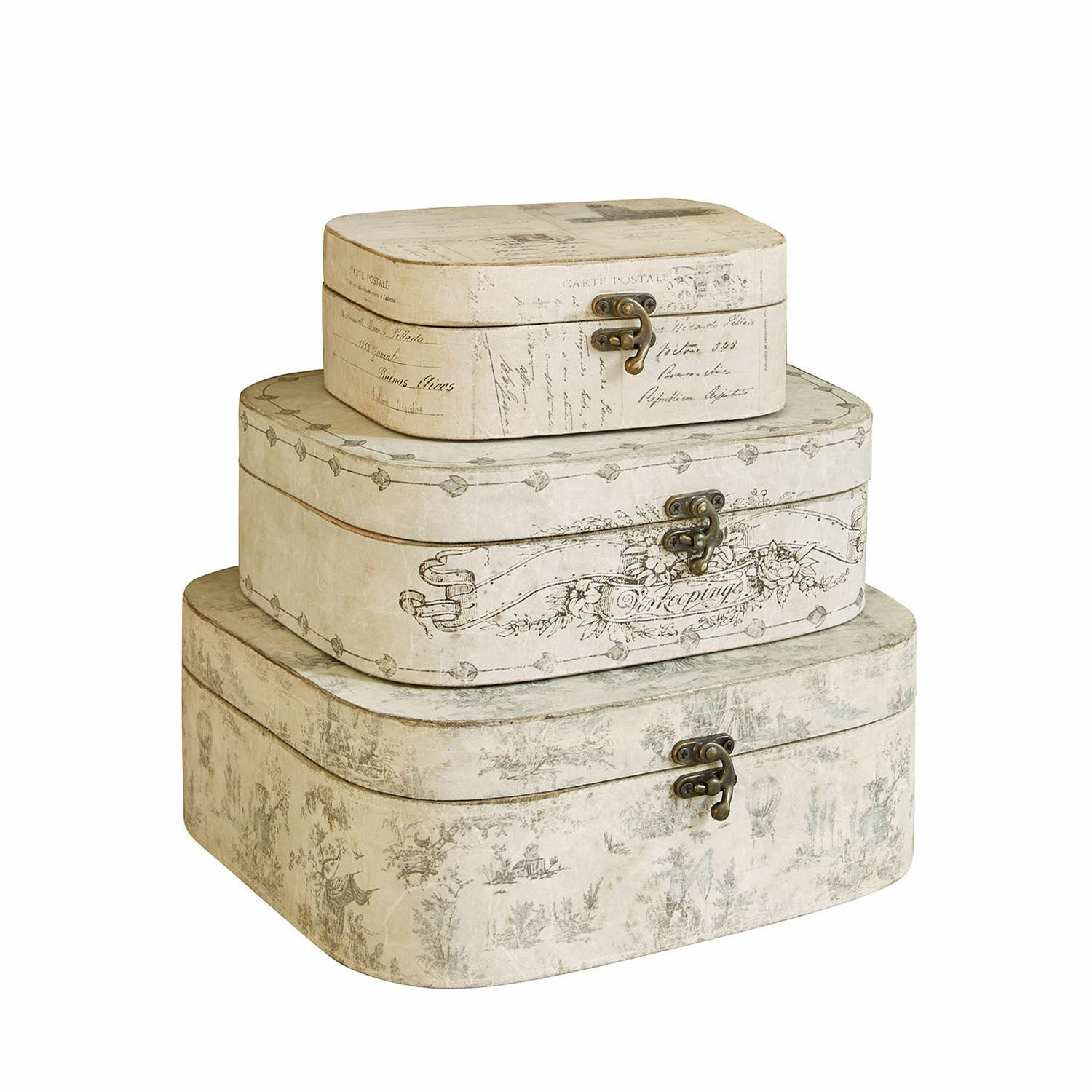 Box 3er Set Dedwen Drei cremefarbene Dekoboxen mit Metallverschluss und Vintage-Muster zur Aufbewahrung