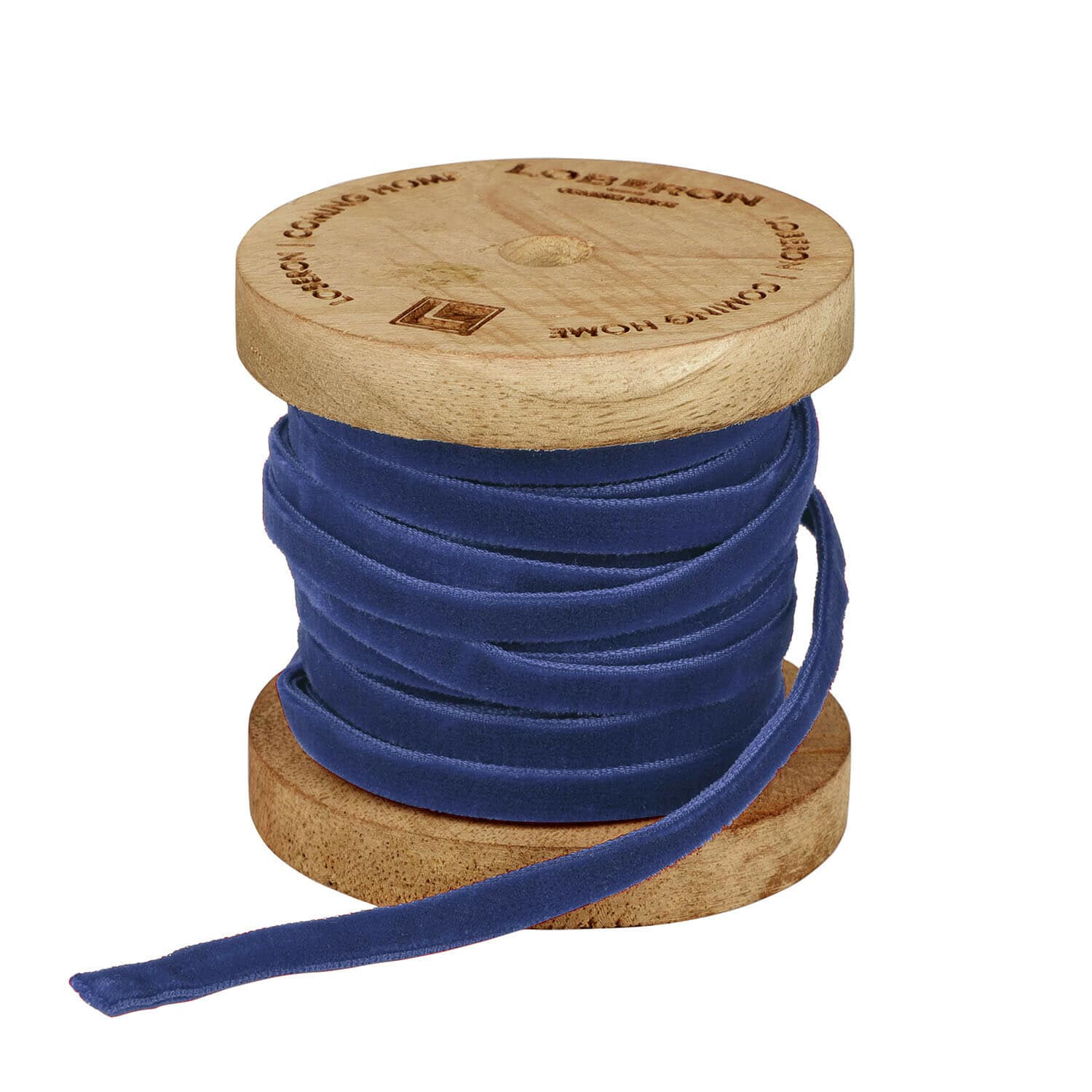 Samtband Olessa Blaue Samtschleife auf Holzspule für Dekoration und Bastelarbeiten