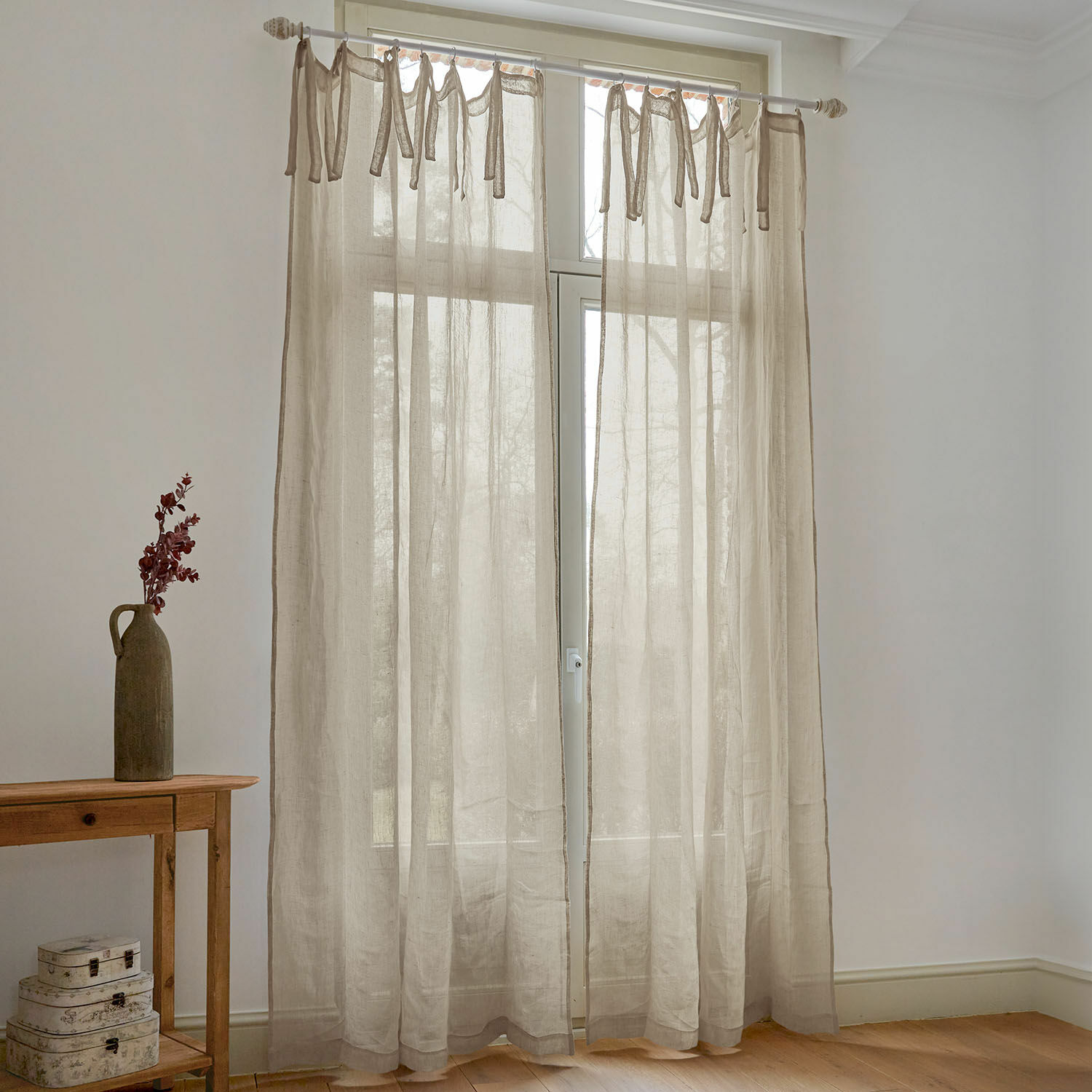 Gardine Velloran Beiger Leinenvorhang mit gebundenen Schlaufen, leichter Stoff für Fenstergestaltung im Wohnzimmer
