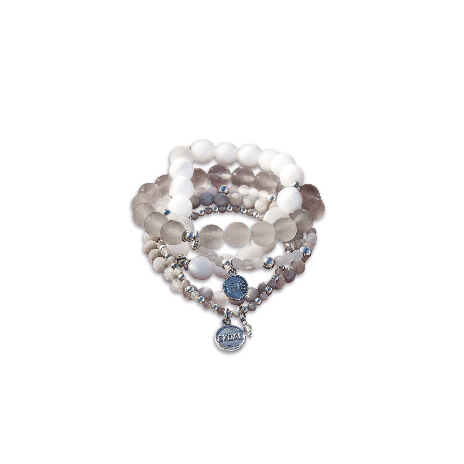 Armkette 5er Set Chaim Set aus Armbändern mit weissen und grauen Steinen sowie Metallanhängern mit Schriftzug