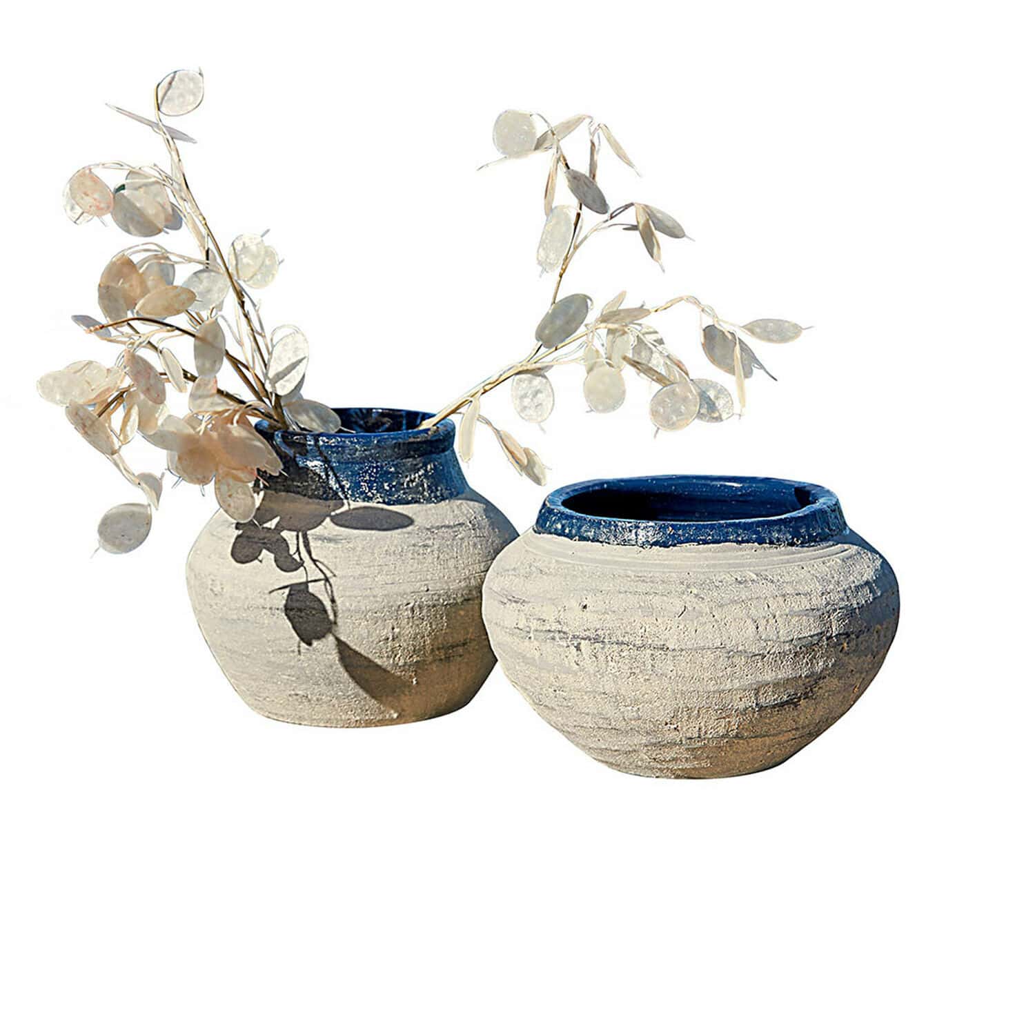 Vase 2er Set Dolciaro Zwei beige Keramikvasen mit blauem Rand, dekorative Wohnaccessoires aus Ton.