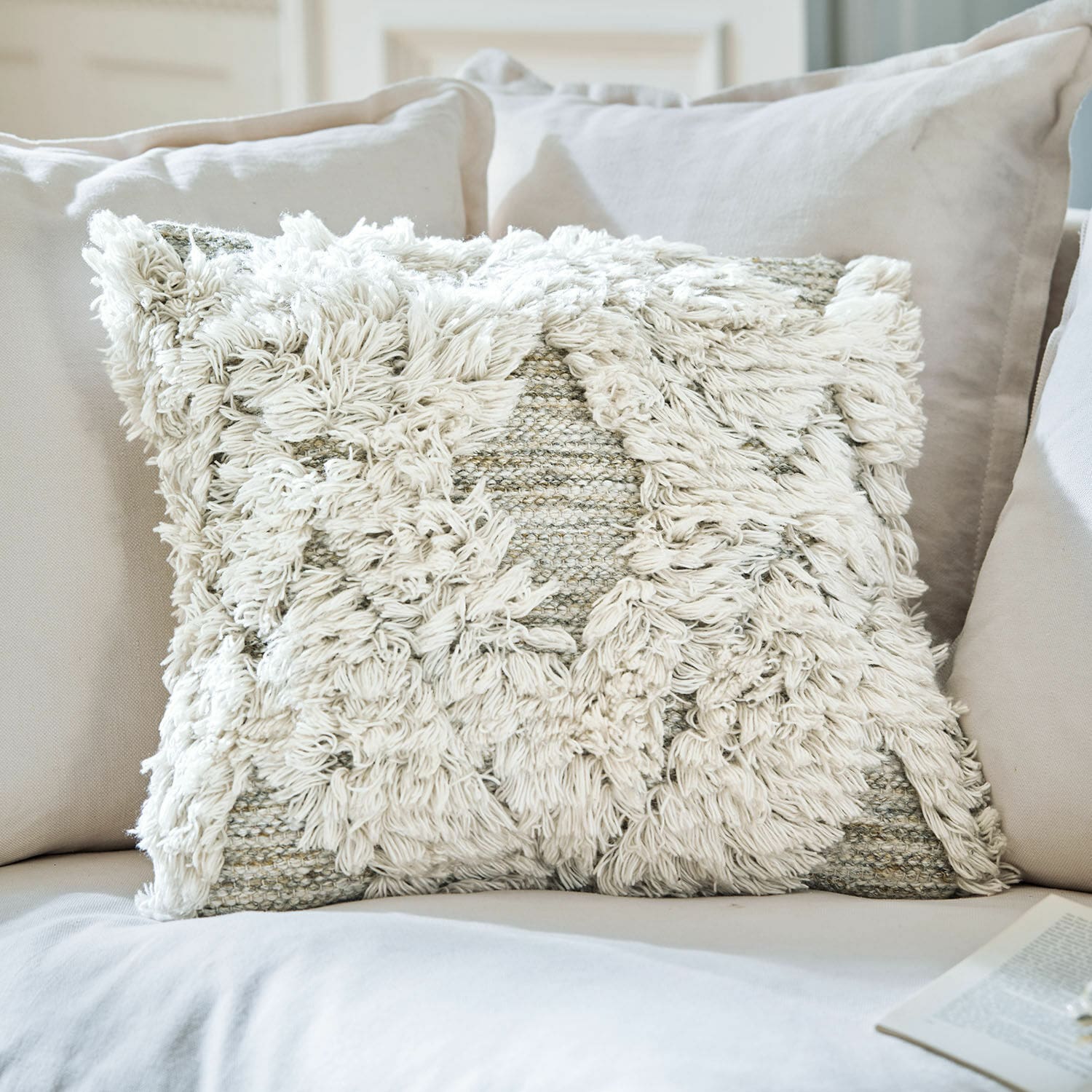 In-& Outdoorkissenhülle Meagan Dekoratives Baumwollkissen in Creme mit flauschigem Muster für ein gemütliches Sofa